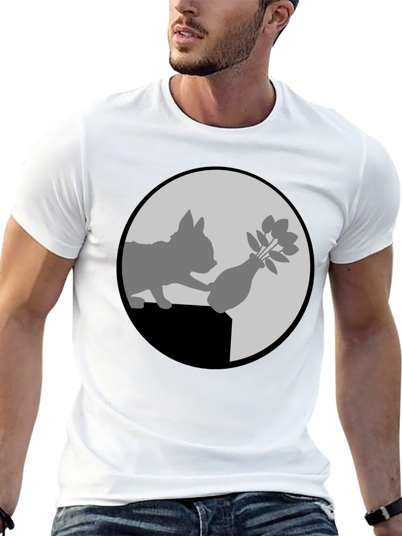 Black Cat & Vase Graphic Tee - Quirky Black T-Shirt view 13