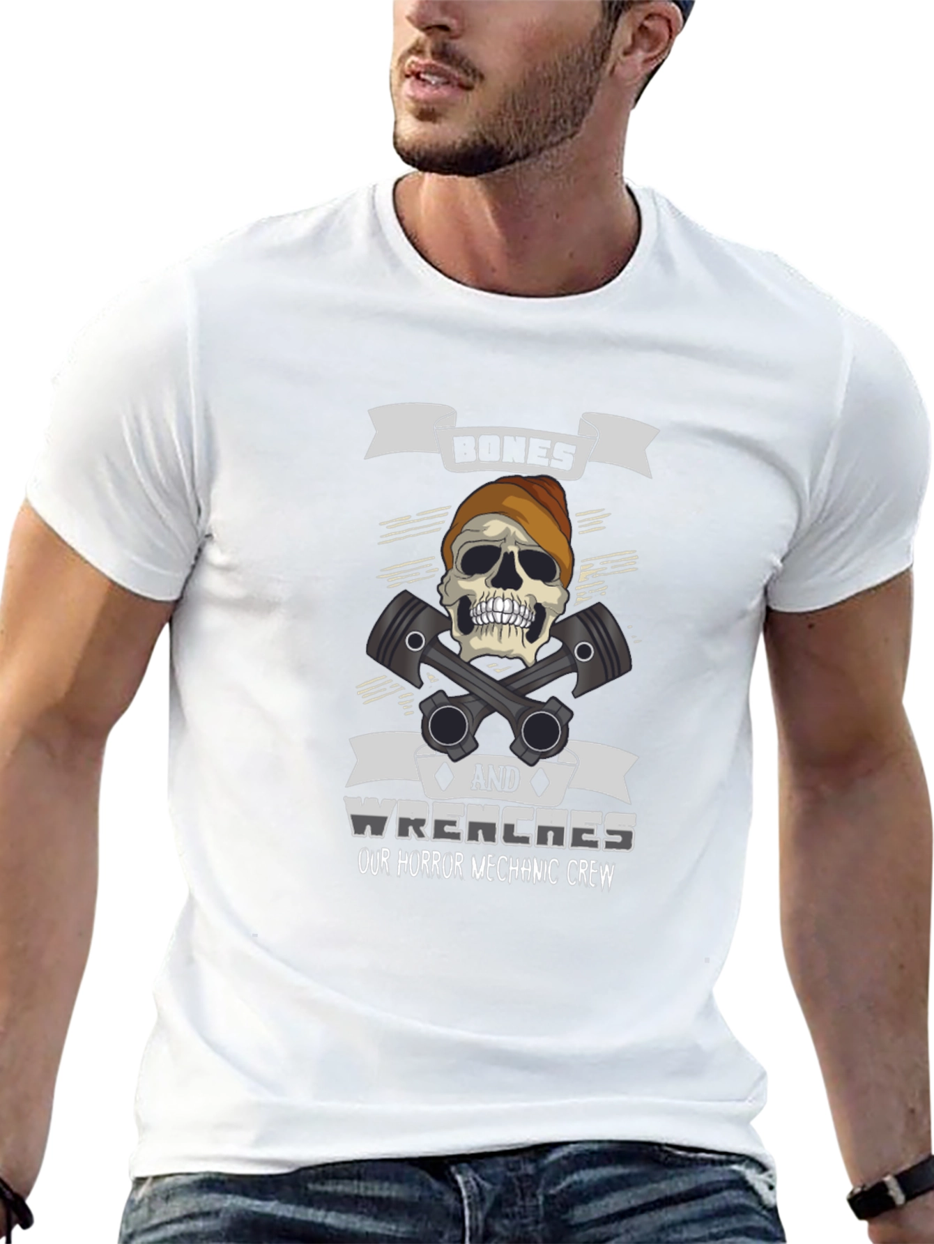 Black Bones & Wrenches Horror Mechanic Crew Black T-Shirt view 13