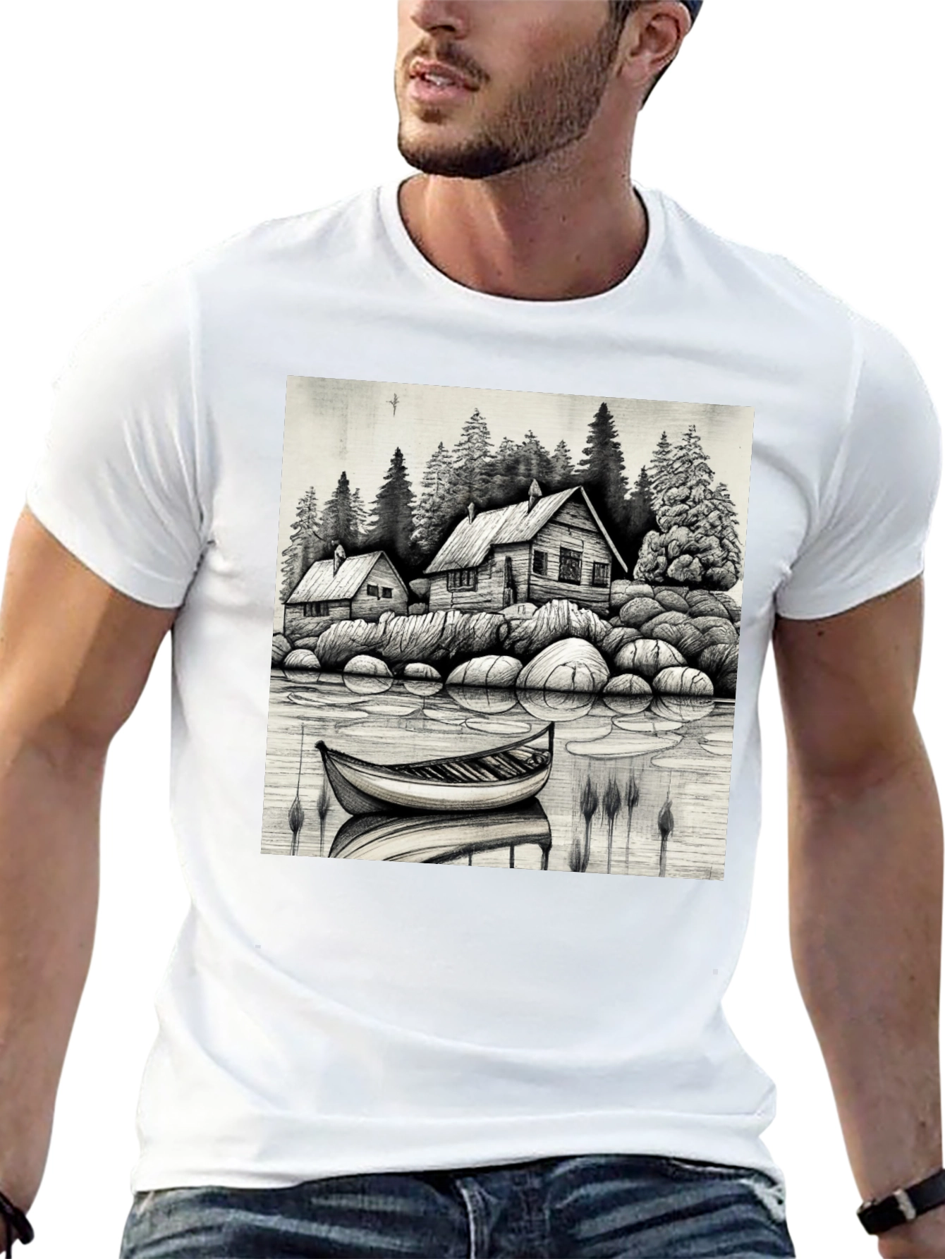 Black Cabin Lake Scene T-Shirt view 13