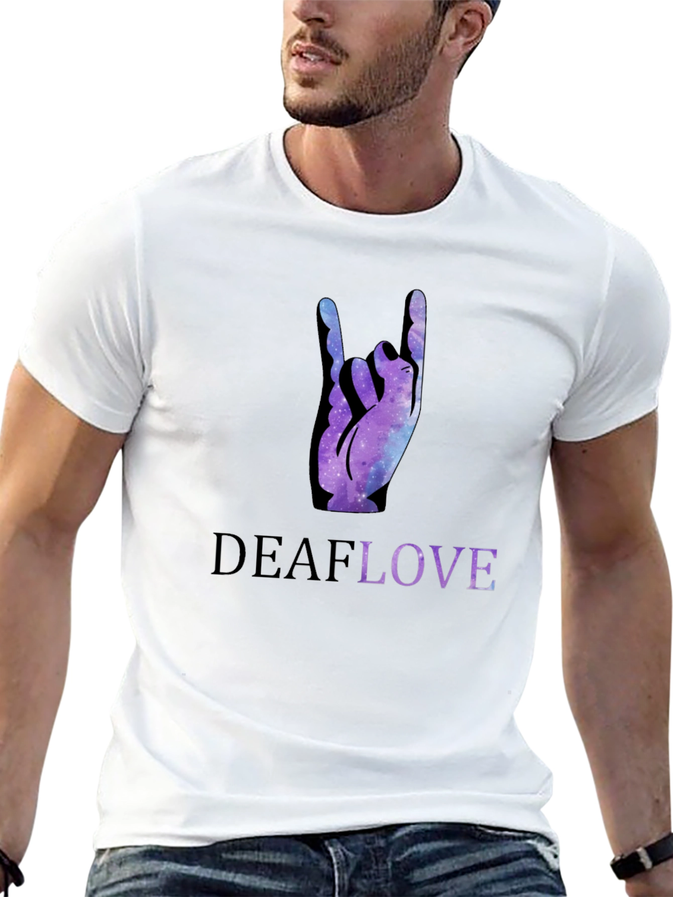 Black Deaf Love Galaxy Hand Sign Black T-Shirt view 13