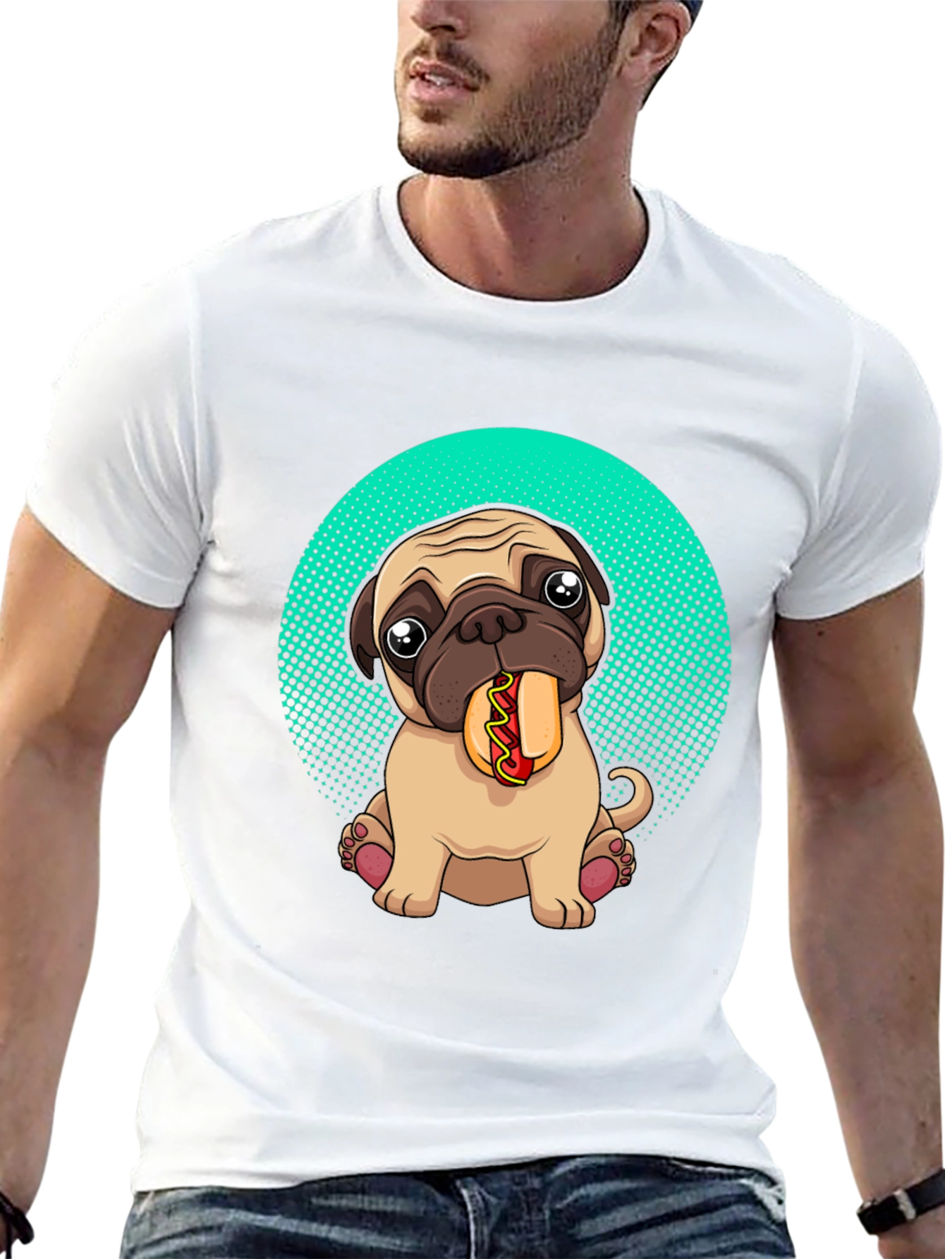 Black Pug Eating Hotdog Graphic T-Shirt - Cute Dog Tee view 13
