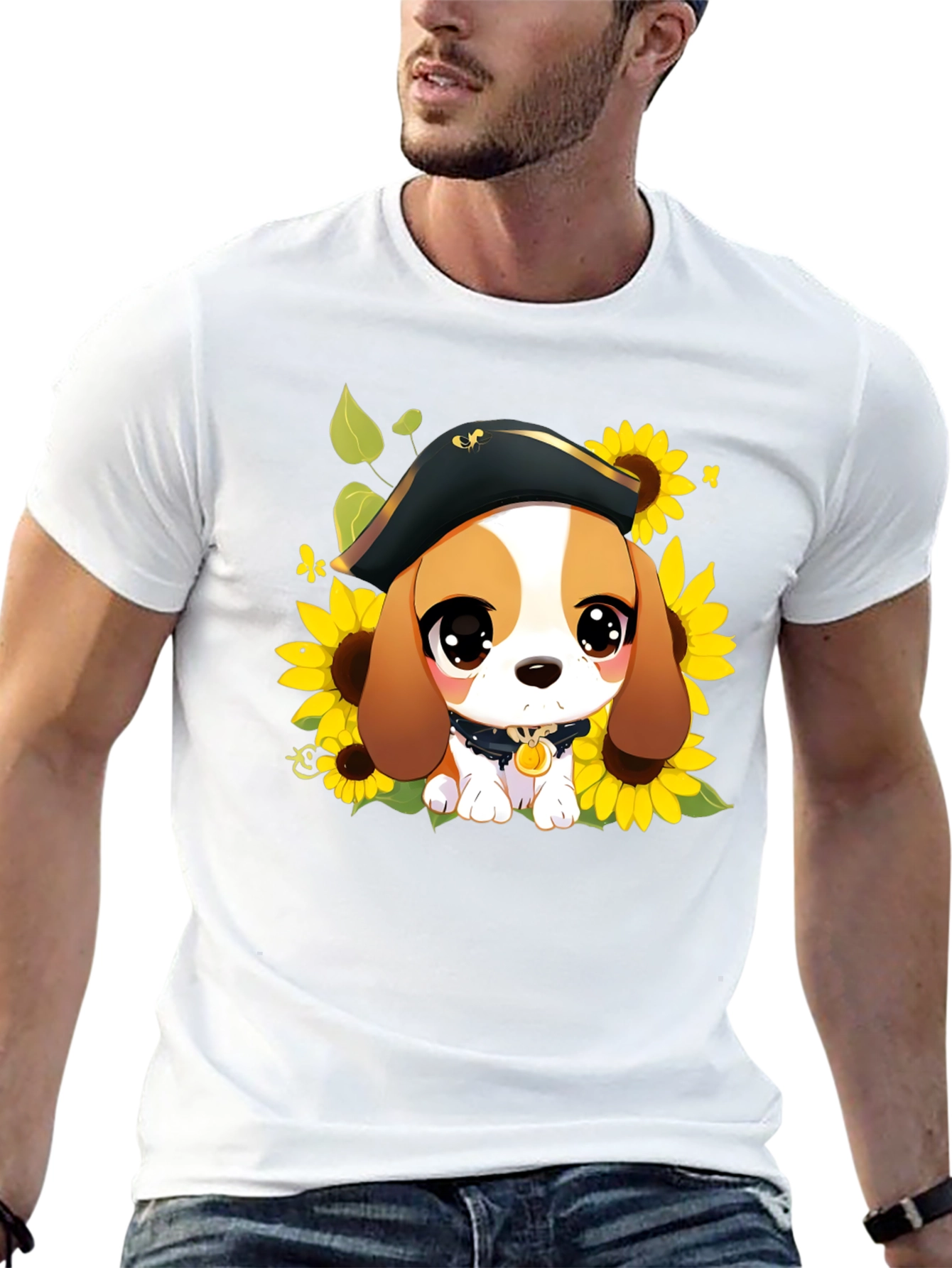 Black Cute Cartoon Beagle in Pirate Hat T-Shirt view 13