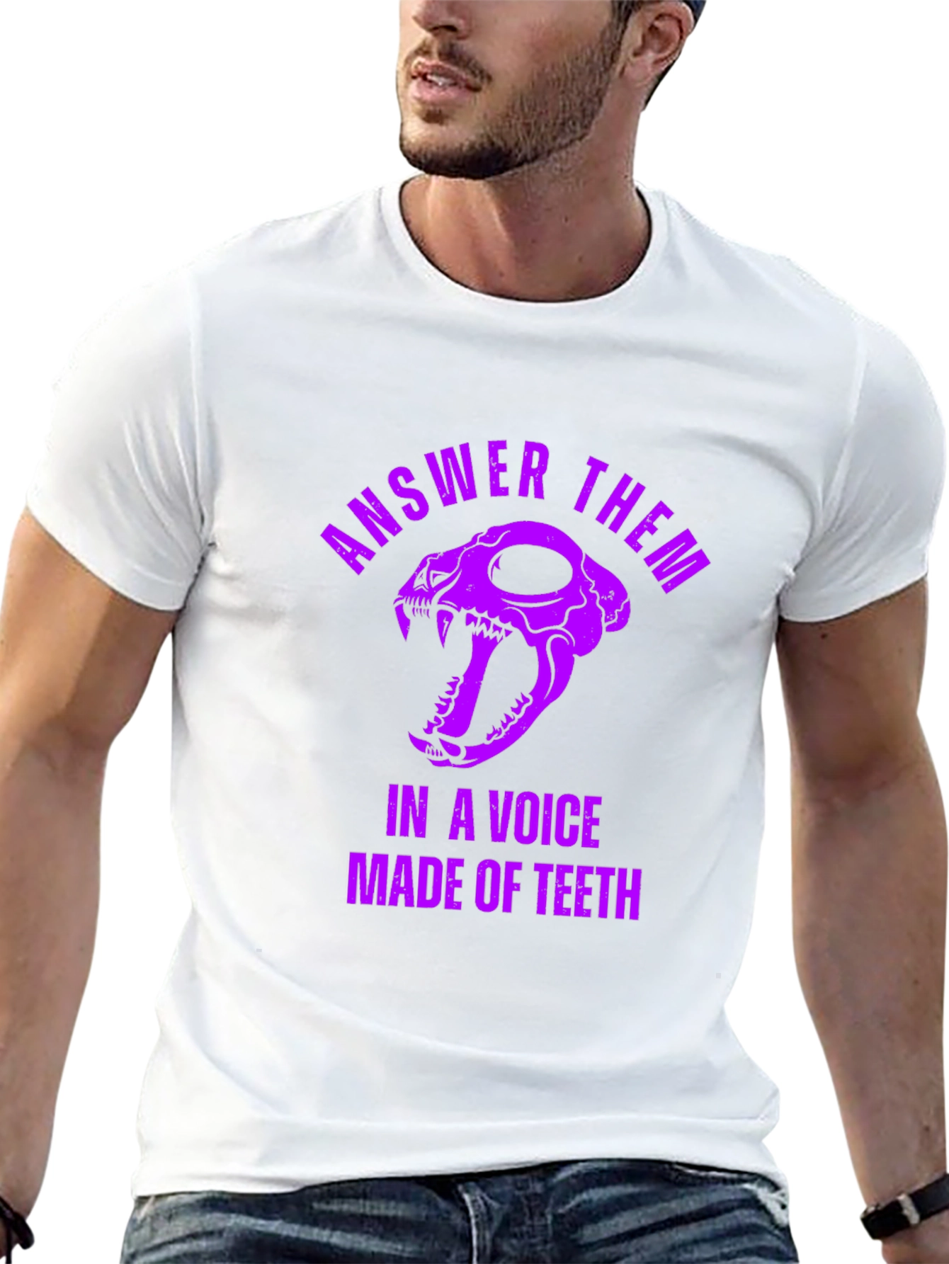 Black Answer Them T-Shirt: Skull & Teeth Design view 13
