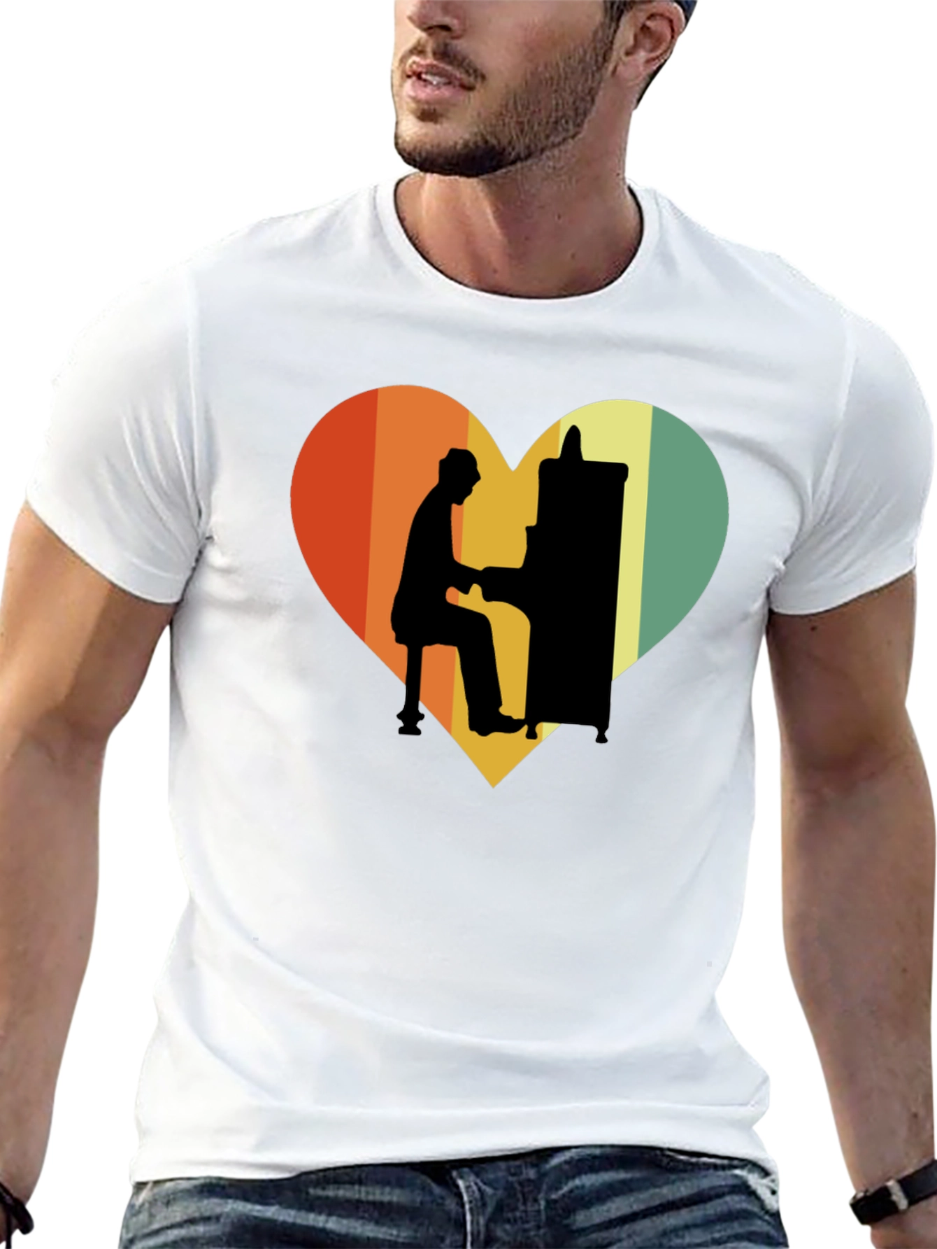 Black Retro Heart Piano Player Graphic T-Shirt view 13