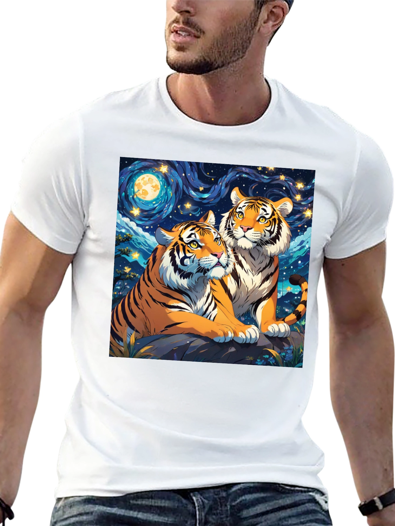 Black Tiger Lovers T-Shirt: Starry Night Design view 13