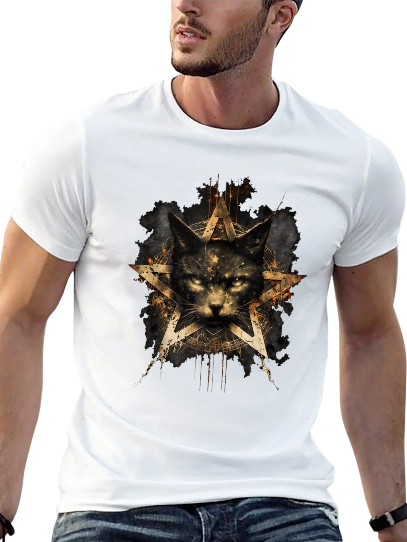 Black Mystic Cat Pentagram Graphic T-Shirt view 13