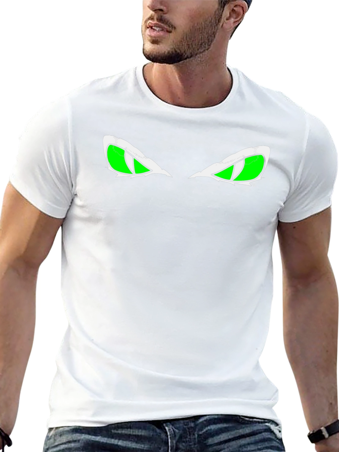 Black Men's Black T-shirt with Green Eyes Graphic view 13
