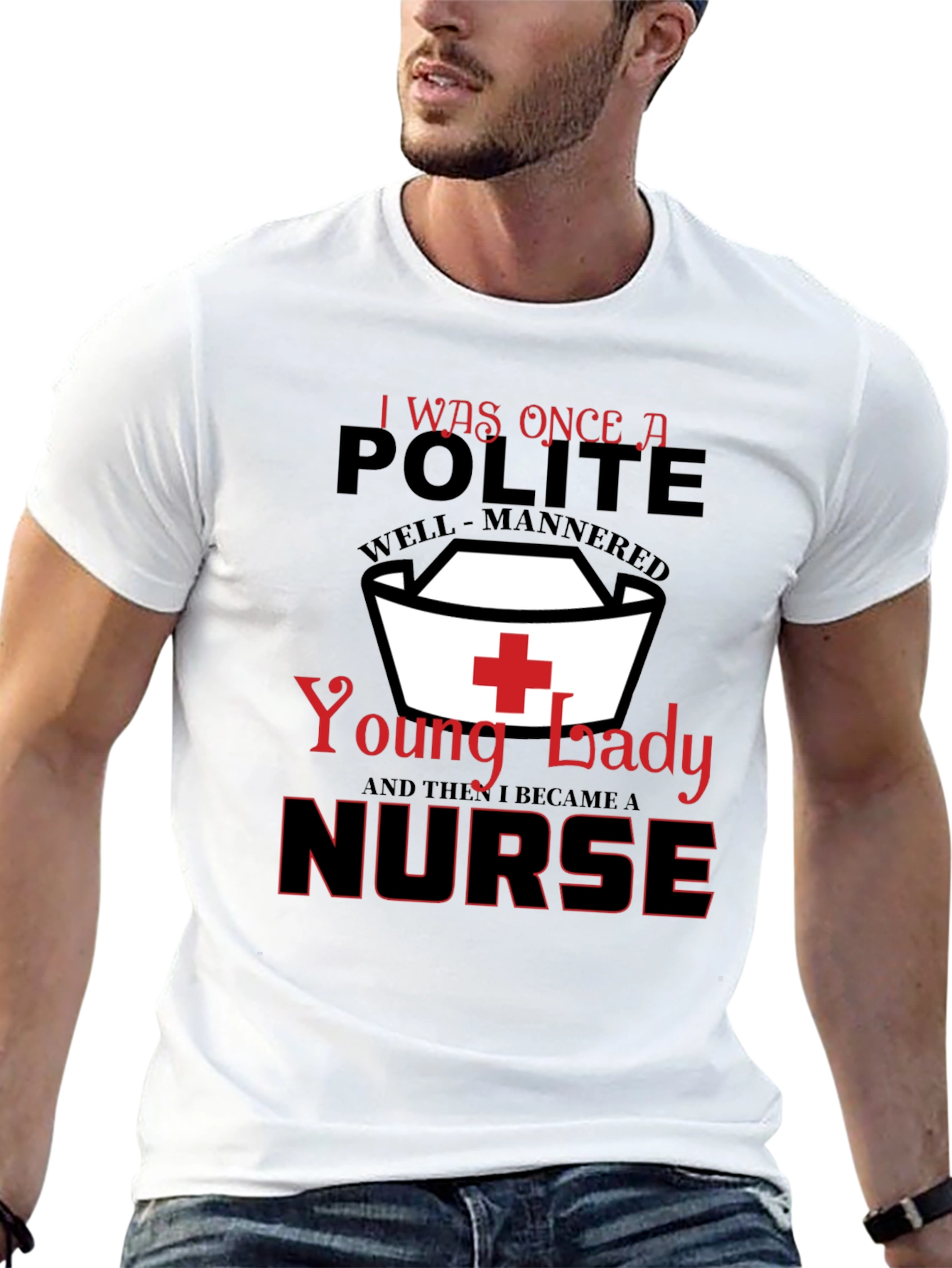 Black Funny Nurse T-Shirt: Polite Young Lady view 13