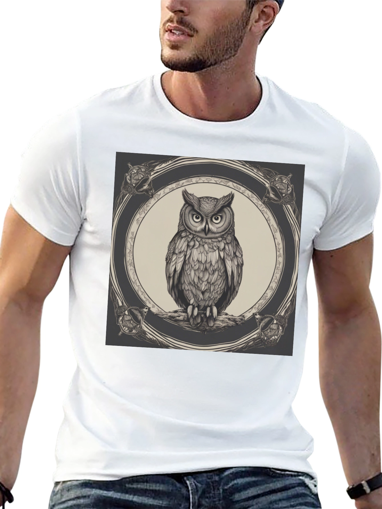 Black Owl Graphic Print Black Crew Neck T-Shirt view 13