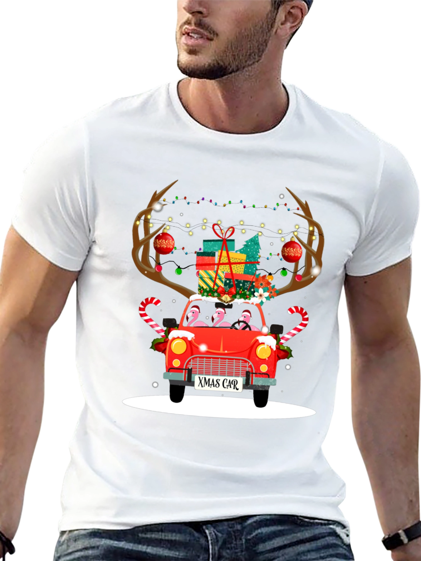 Black Festive Flamingo Xmas Car T-Shirt view 13