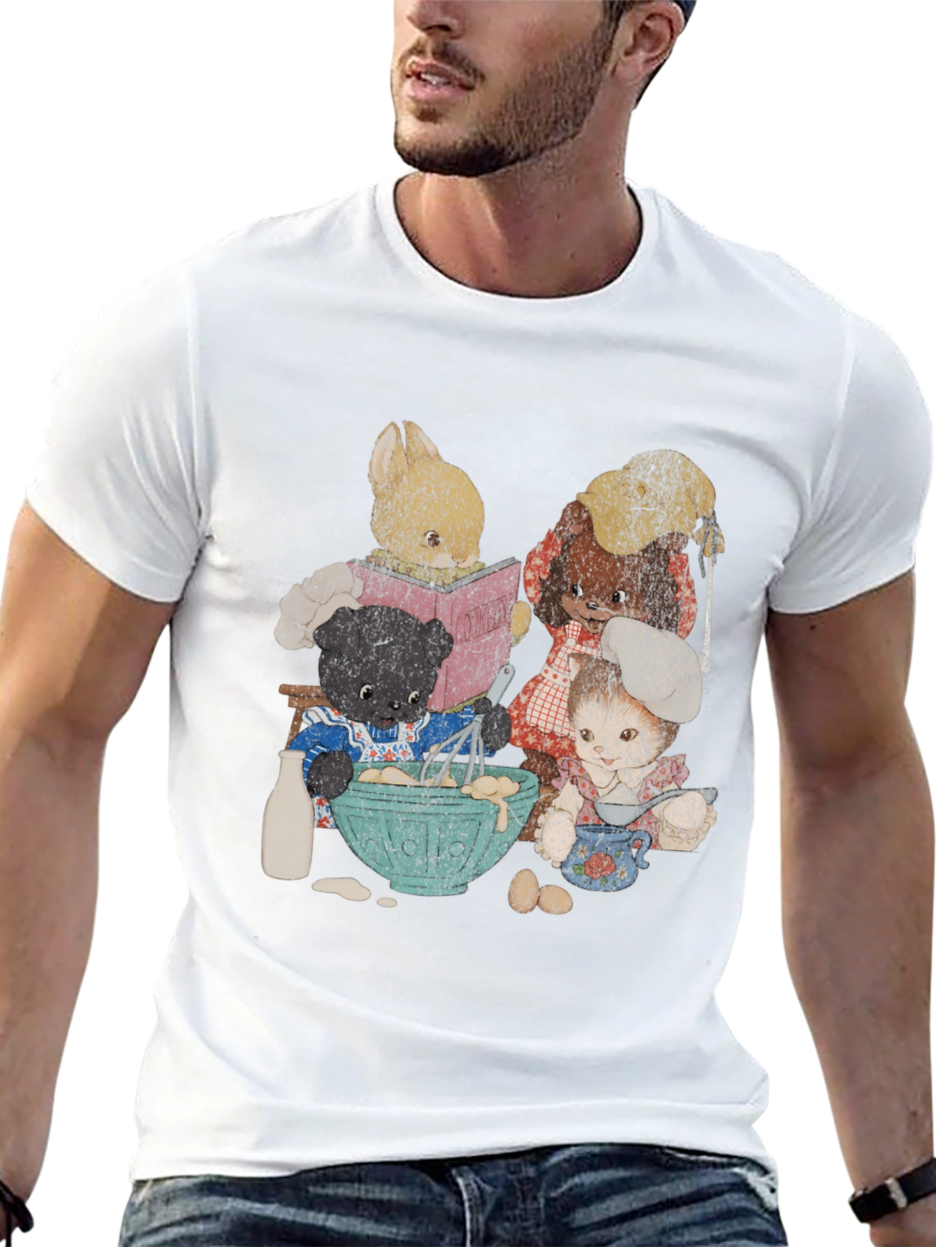 Black Retro Cartoon Animal Baking Crew Graphic Tee view 13