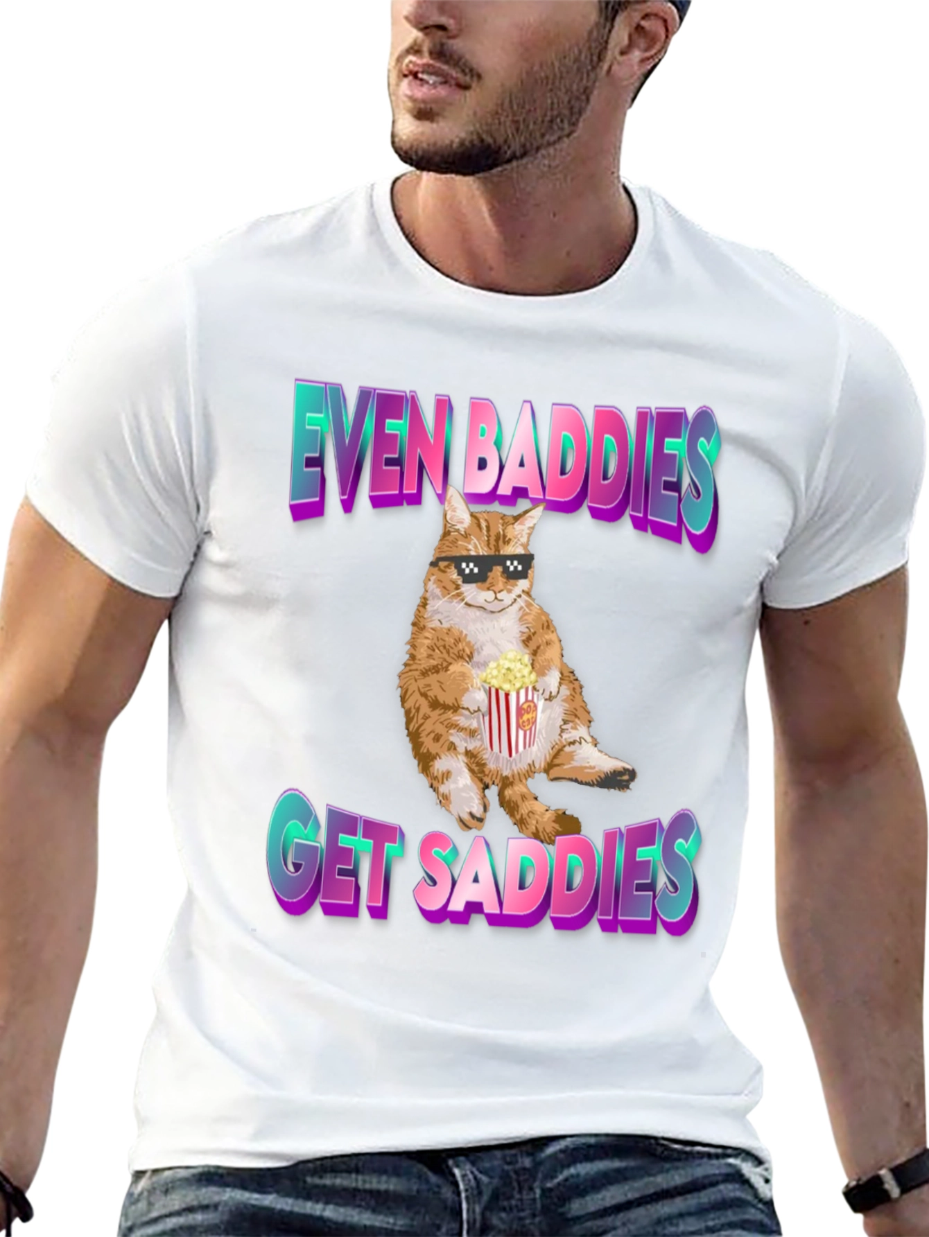 Black Even Baddies Get Saddies T-Shirt - Cat with Popcorn view 13