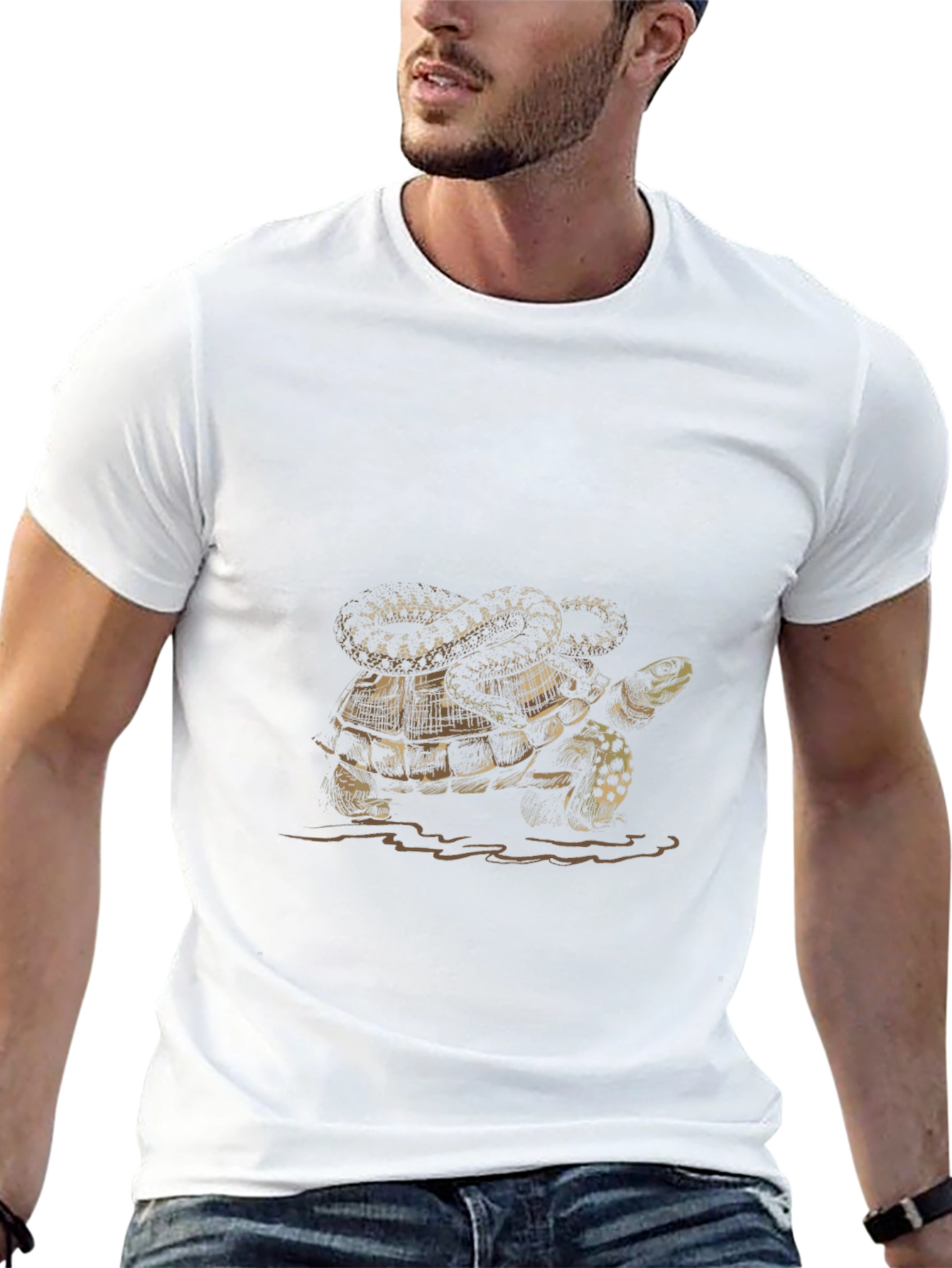Black Turtle and Snake Graphic Print Men's Black T-Shirt view 13