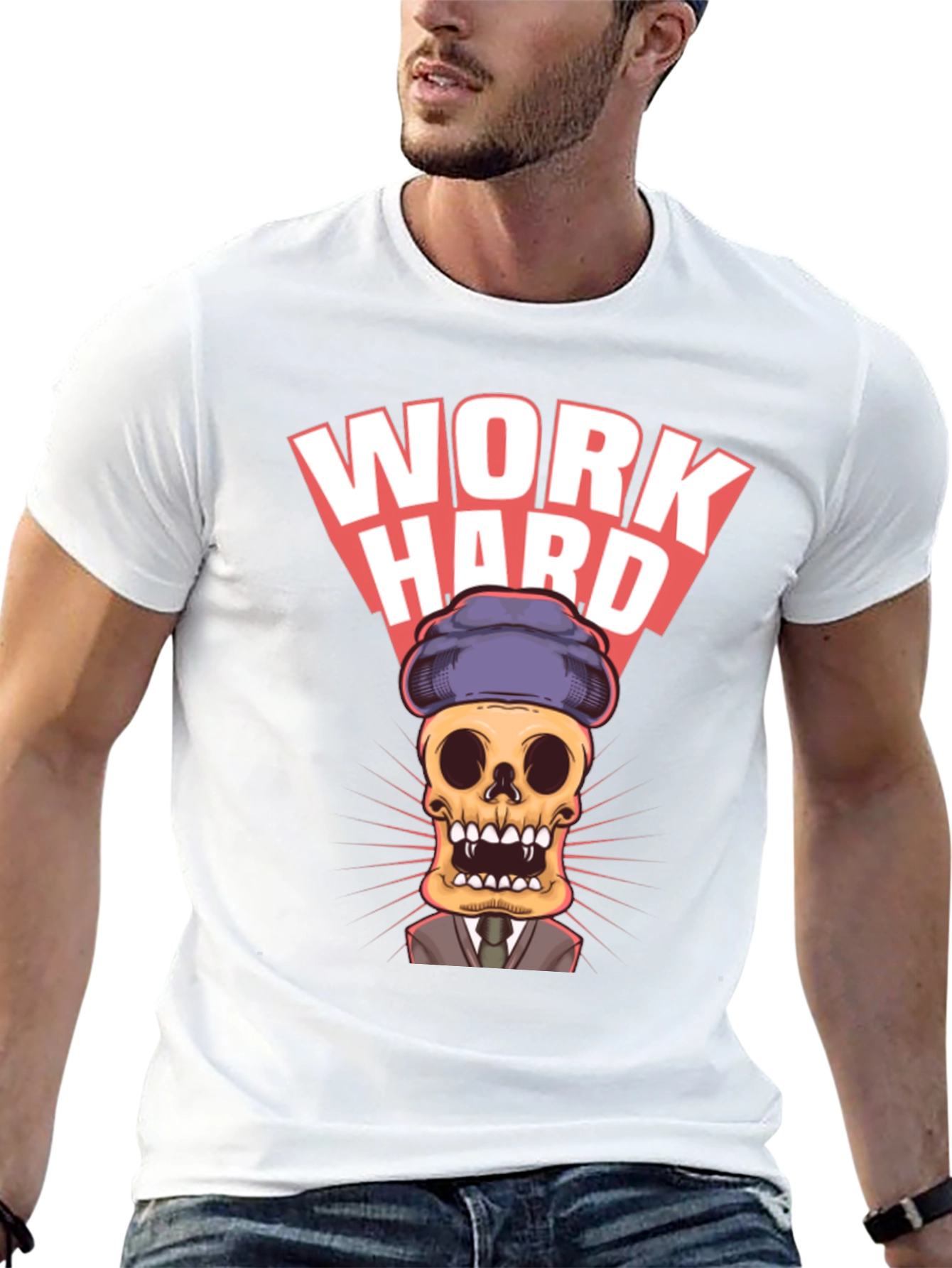 Black Work Hard Skull Graphic Tee - Premium Cotton Blend view 13