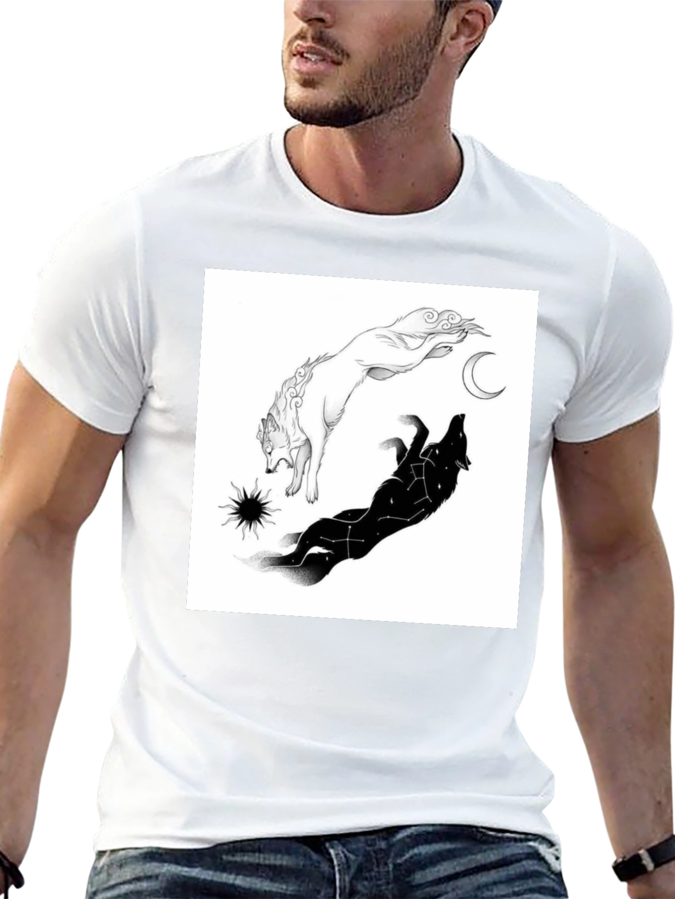 Black Yin Yang Wolf Graphic T-Shirt - Celestial Design view 13