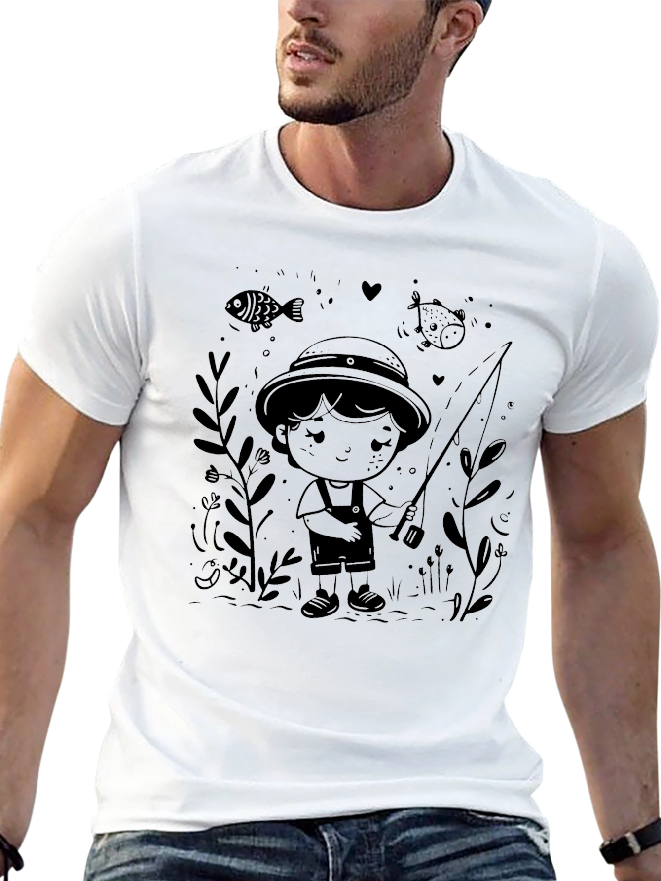 Black Boy Fishing Graphic Tee - Black Casual T-Shirt view 13