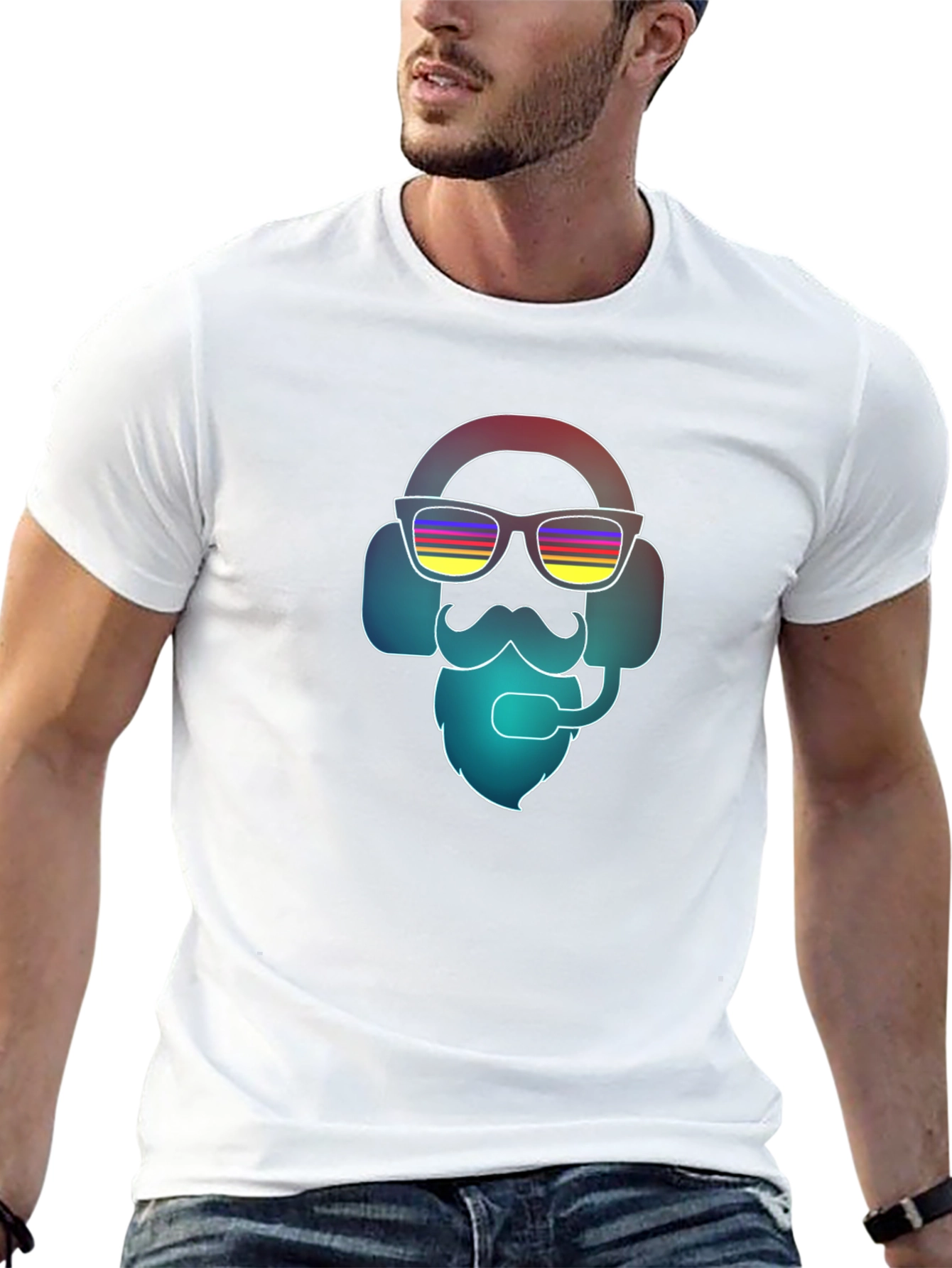 Black Cool Retro Gamer T-Shirt - Bearded Headphone Design view 13