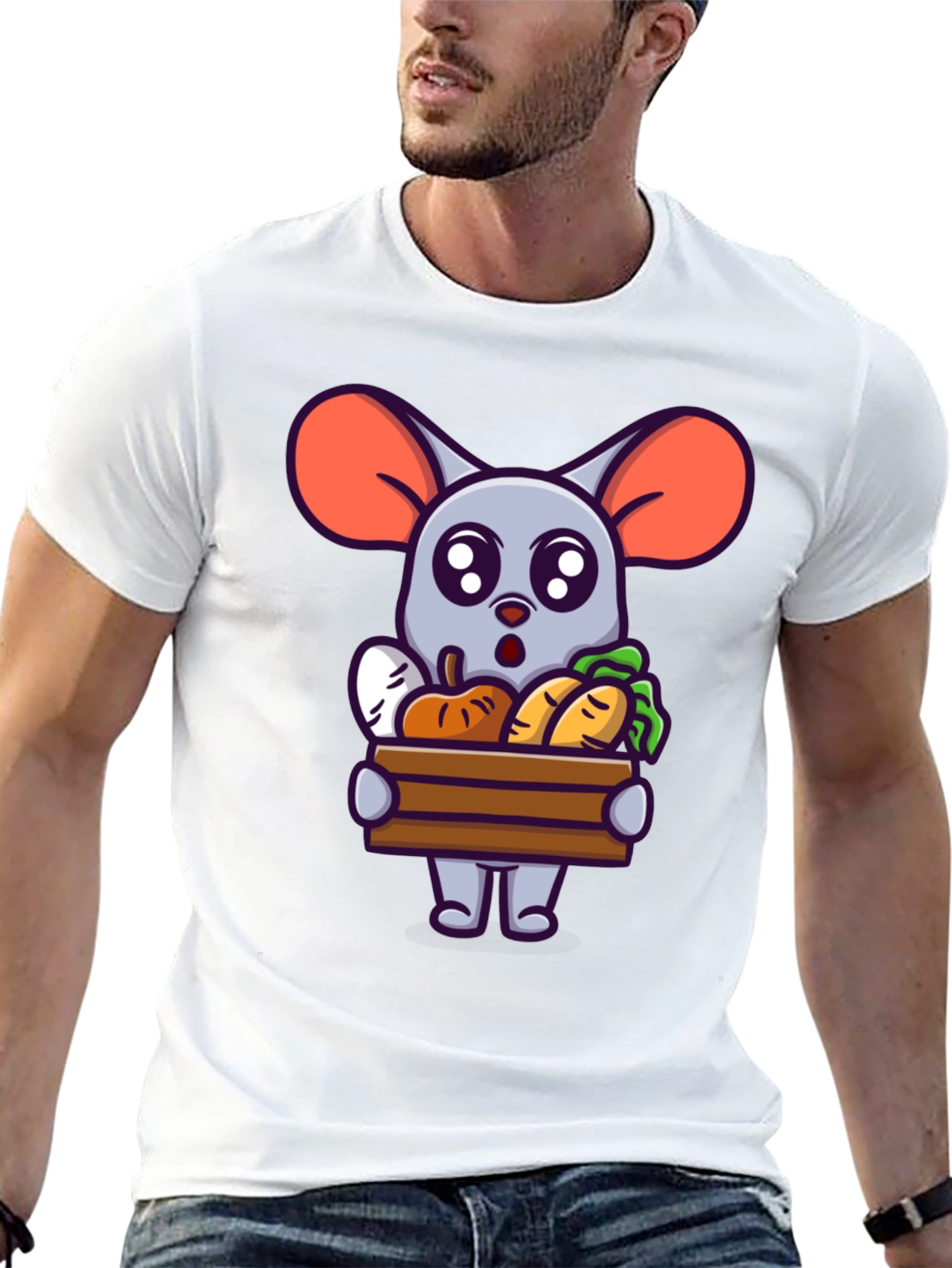 Black Cute Cartoon Mouse with Veggies T-Shirt view 13