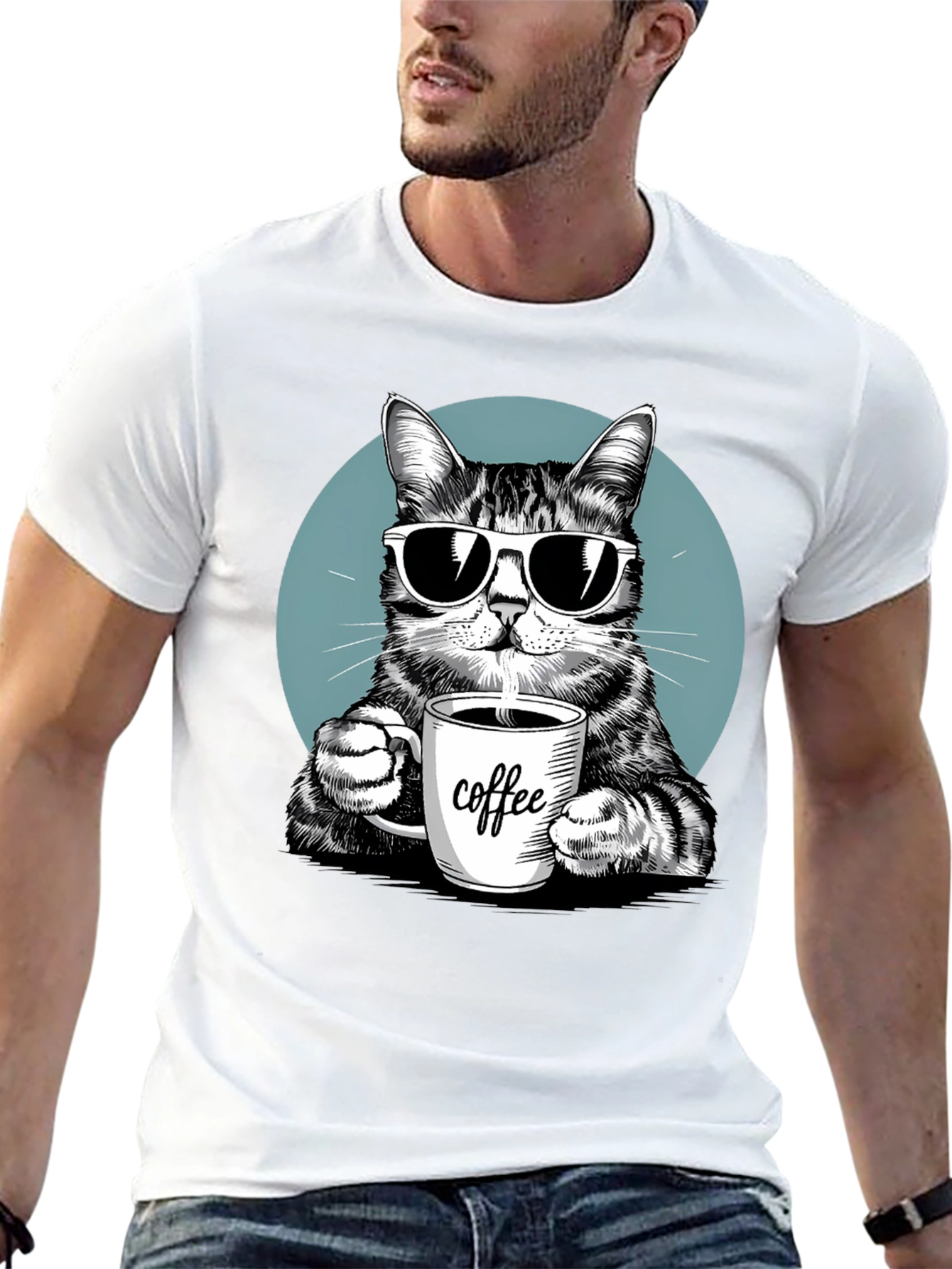 Black Cool Cat Coffee Lover Graphic T-Shirt view 13