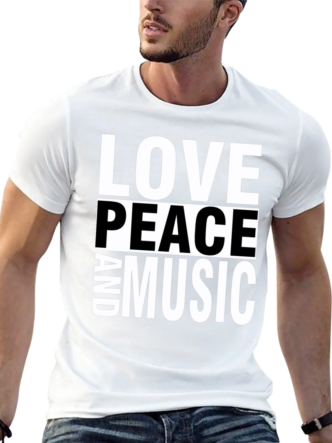 Black Love Peace and Music Black Graphic T-Shirt view 13