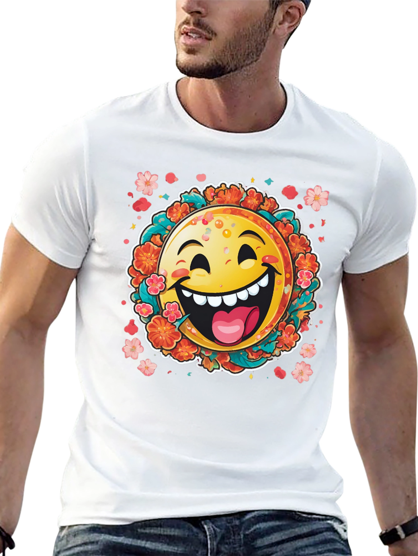 Black Happy Emoji Graphic T-Shirt - Fun Floral Design view 13