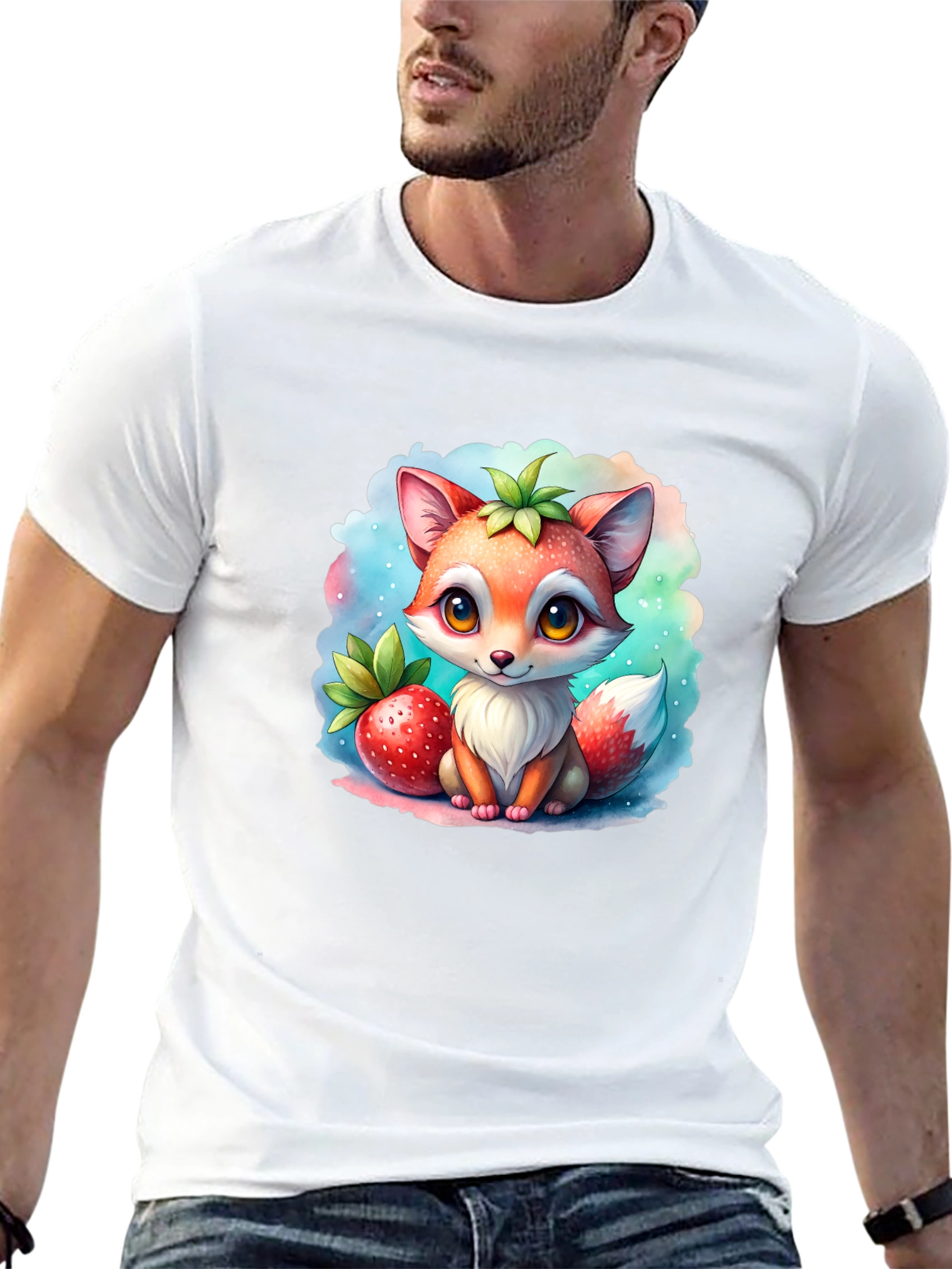 Black Cute Cartoon Fox Strawberry T-Shirt view 13