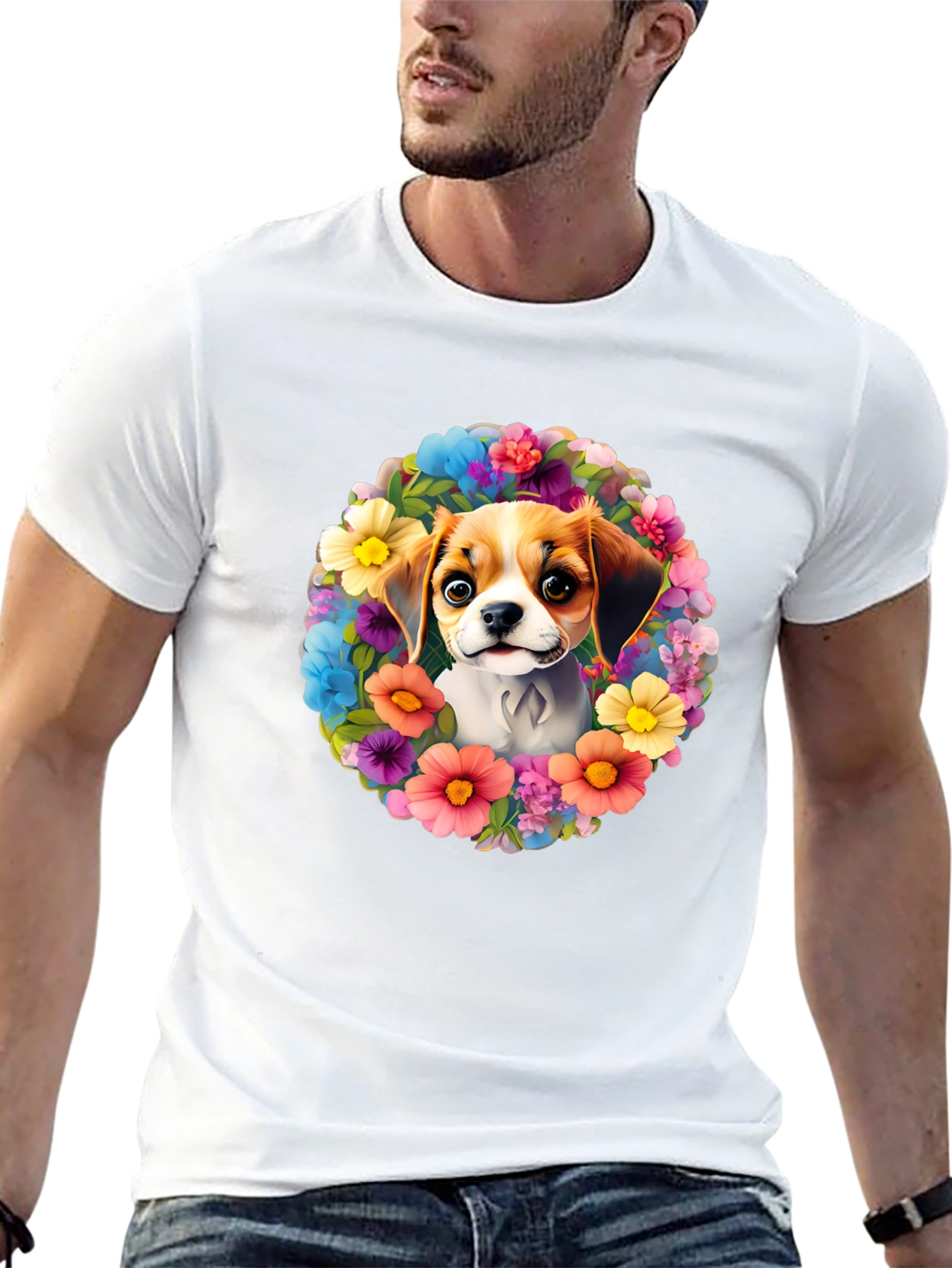 Black Dog Surrounded By Flowers T-shirt view 13