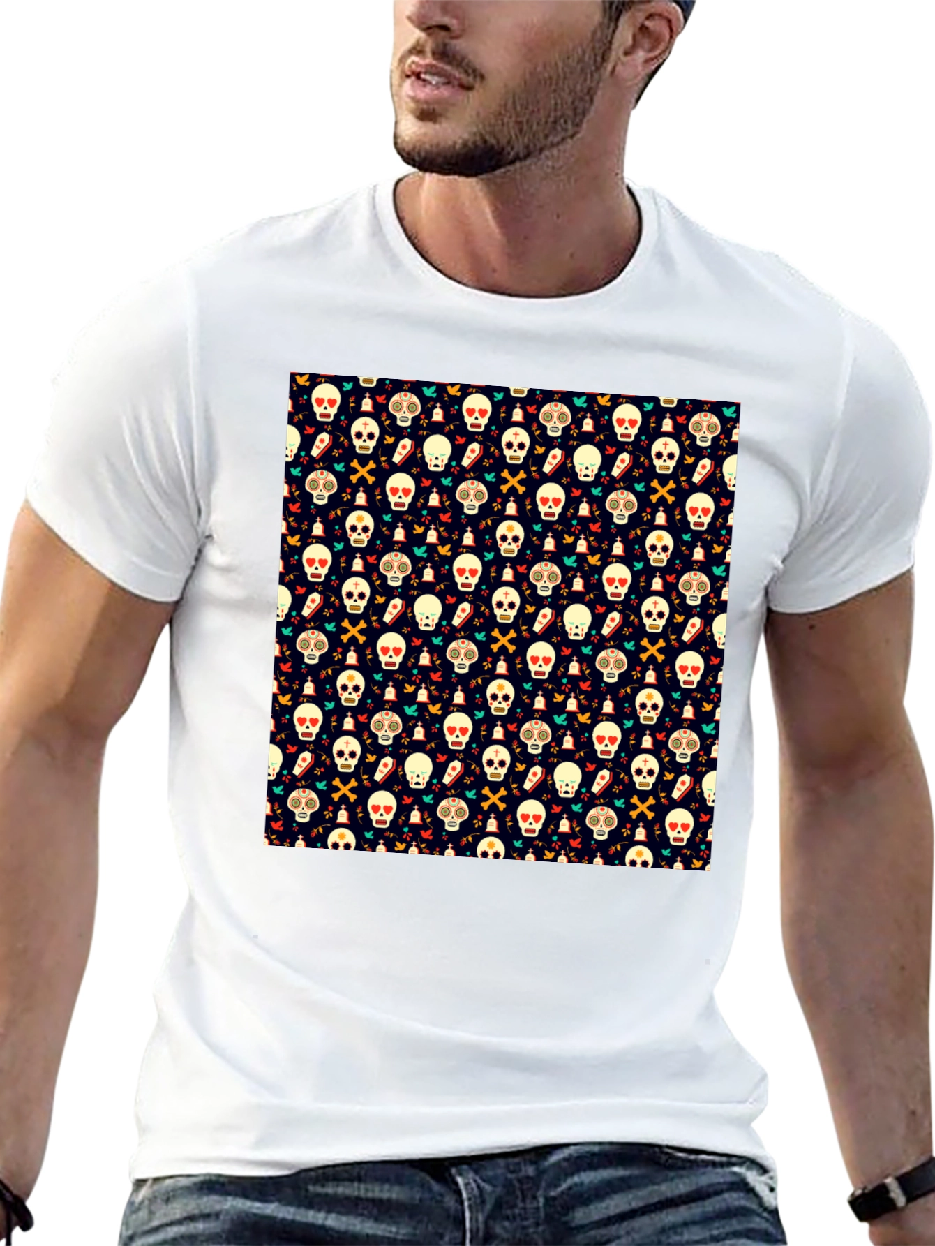 Black Day of the Dead Skull Pattern Black T-Shirt view 13