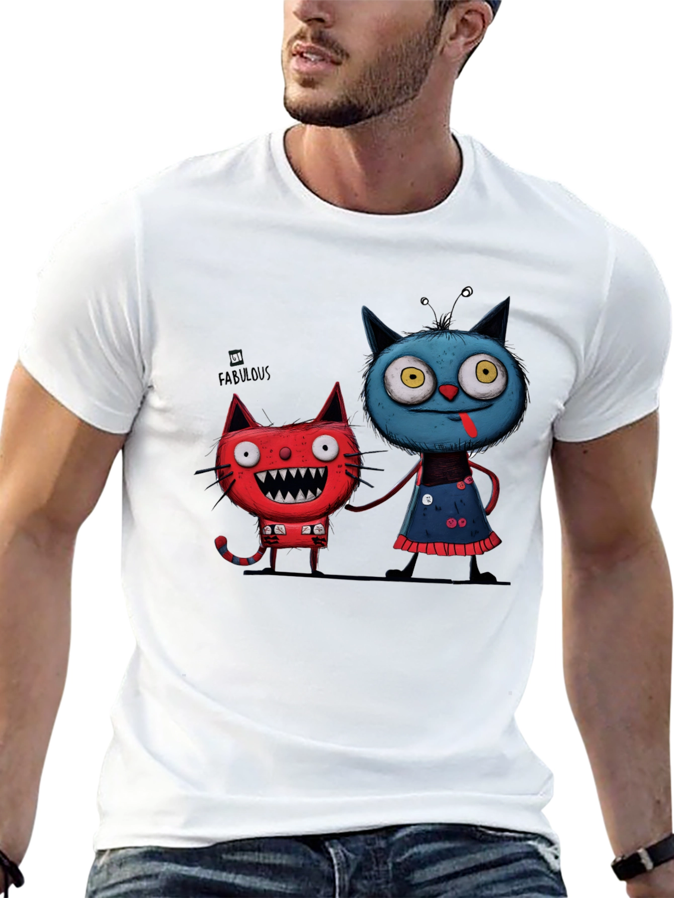 Black Cartoon Cat Graphic Tee - Whimsical Black T-Shirt view 13