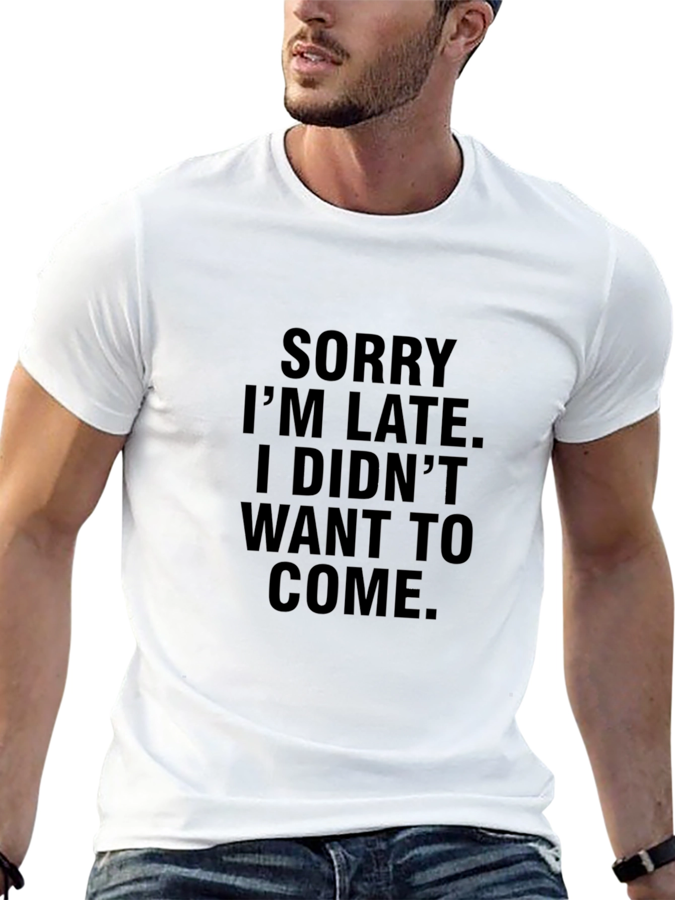 Black Funny "Sorry I'm Late" Black Graphic Tee view 13