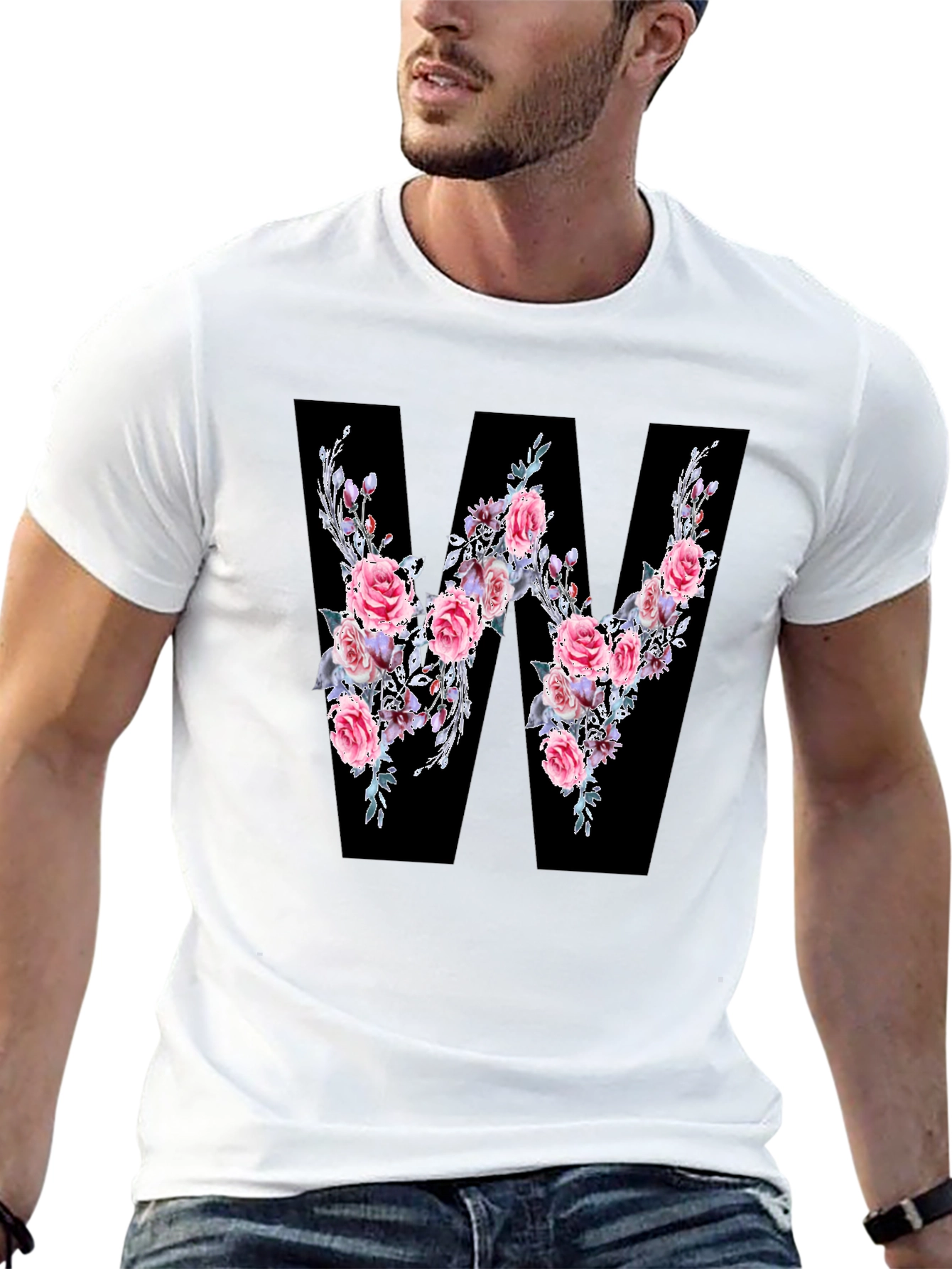 Black Floral Letter W Black T-Shirt view 13