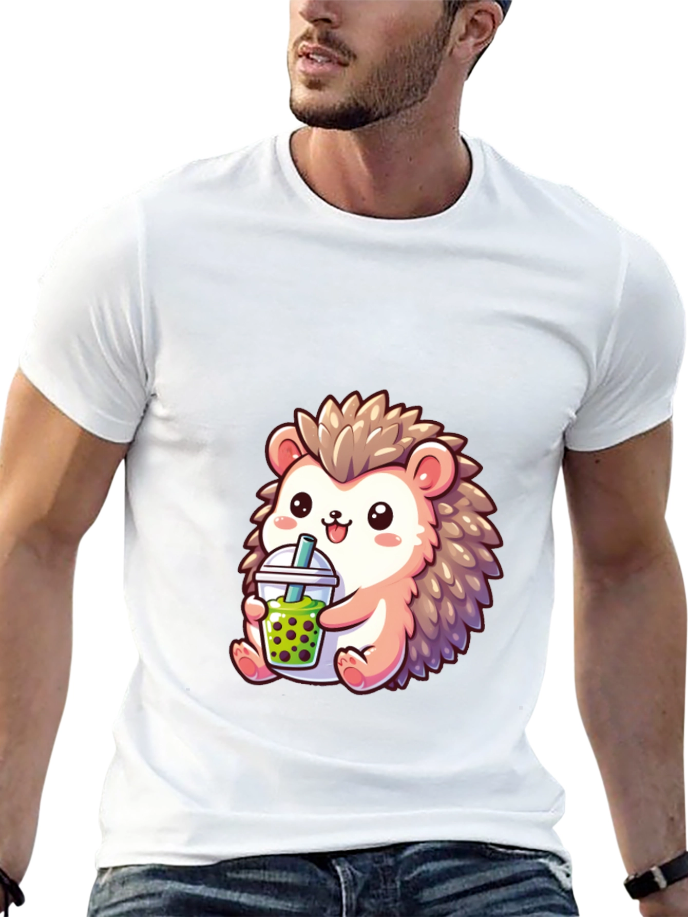 Black Cute Hedgehog Boba Tea Graphic Tee view 13