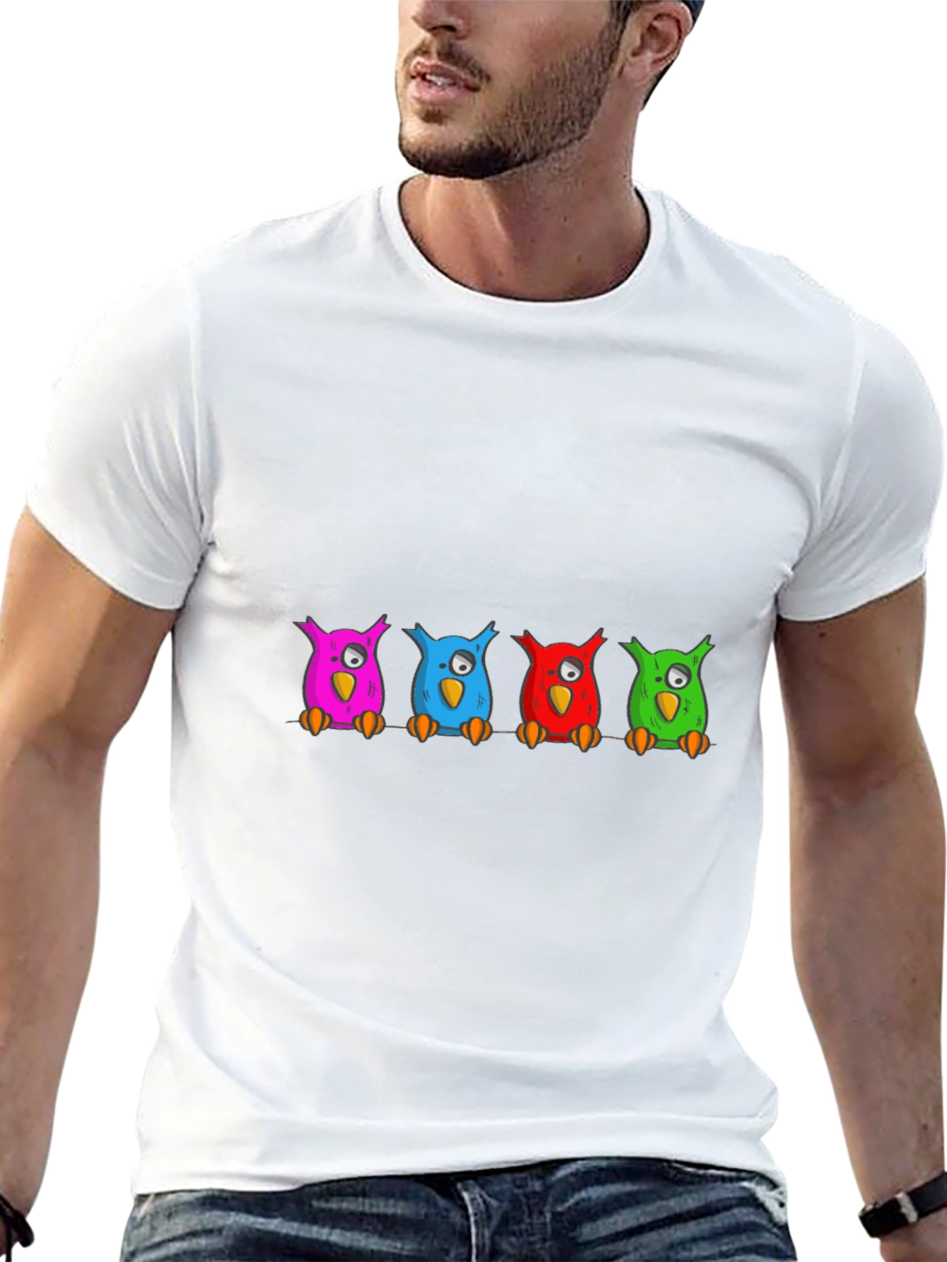 Black Colorful Cartoon Owls on a Branch T-Shirt view 13