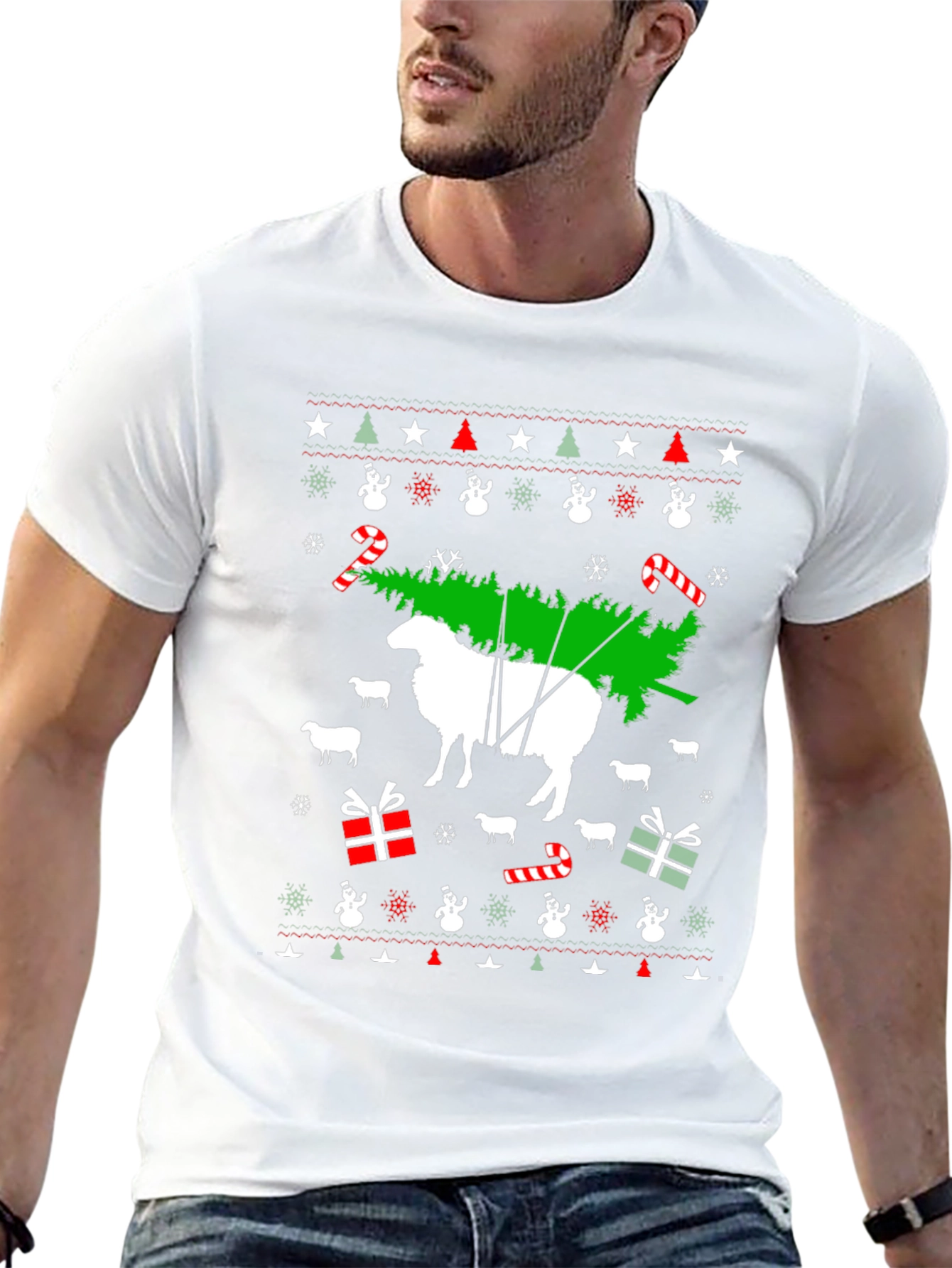 Black Funny Sheep Christmas Tree T-Shirt view 13