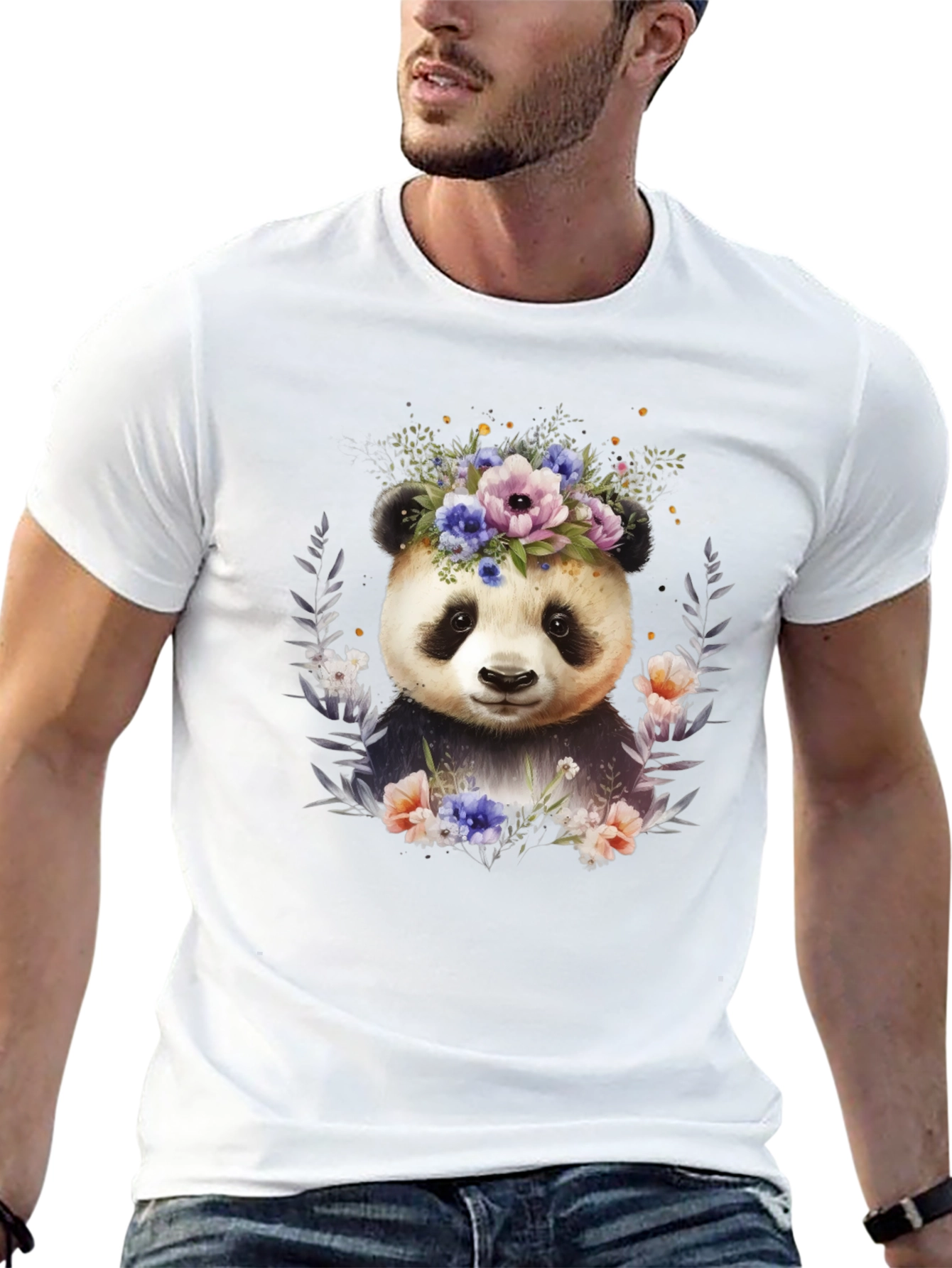Black Panda Floral Wreath T-Shirt - Cute Animal Tee view 13
