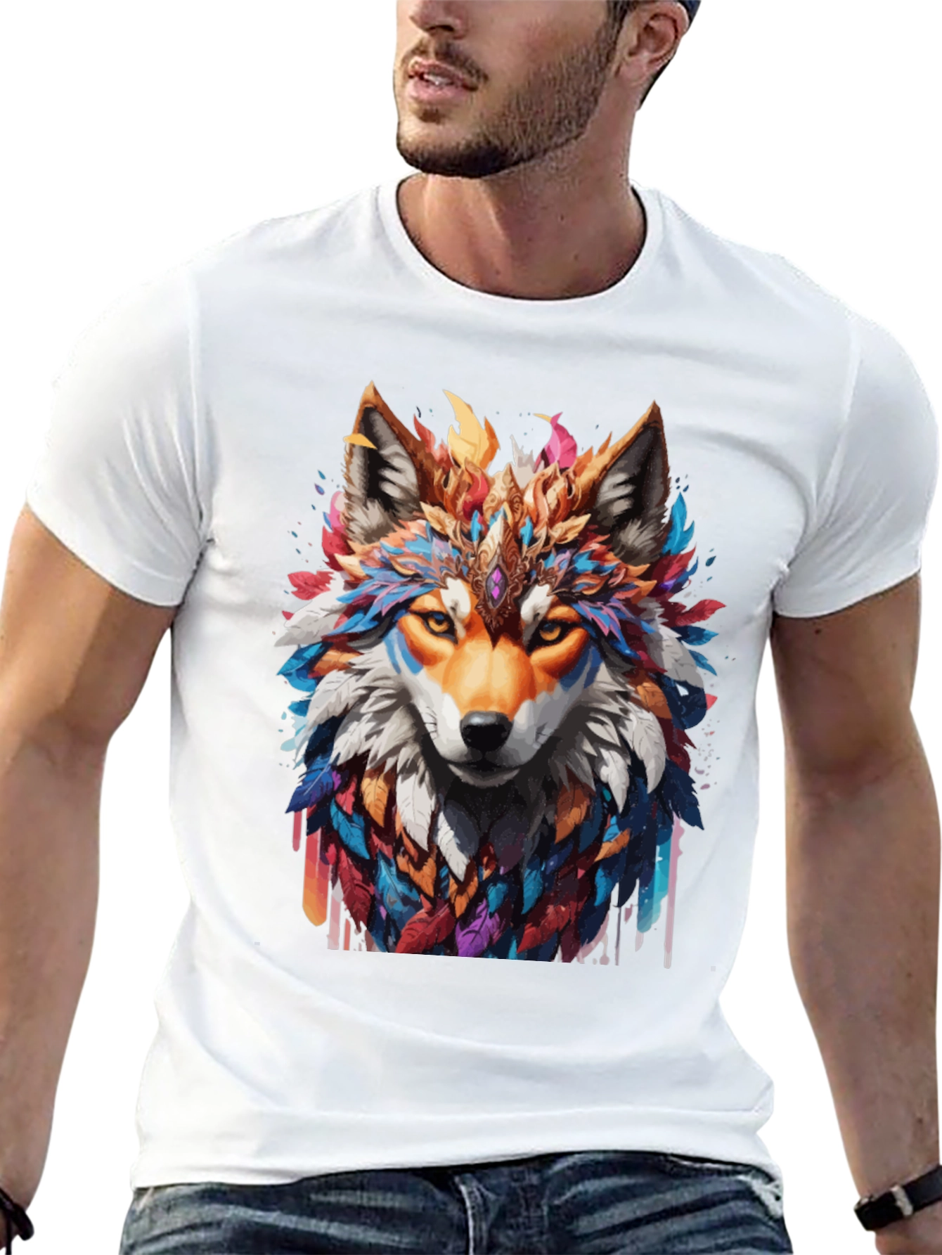 Black Colorful Wolf Graphic T-Shirt view 13