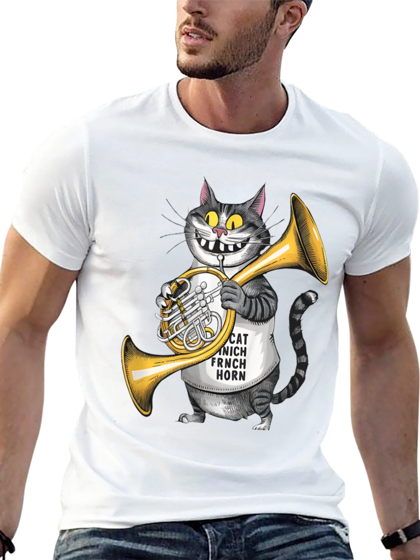 Black Funny Cat French Horn Player T-Shirt view 13