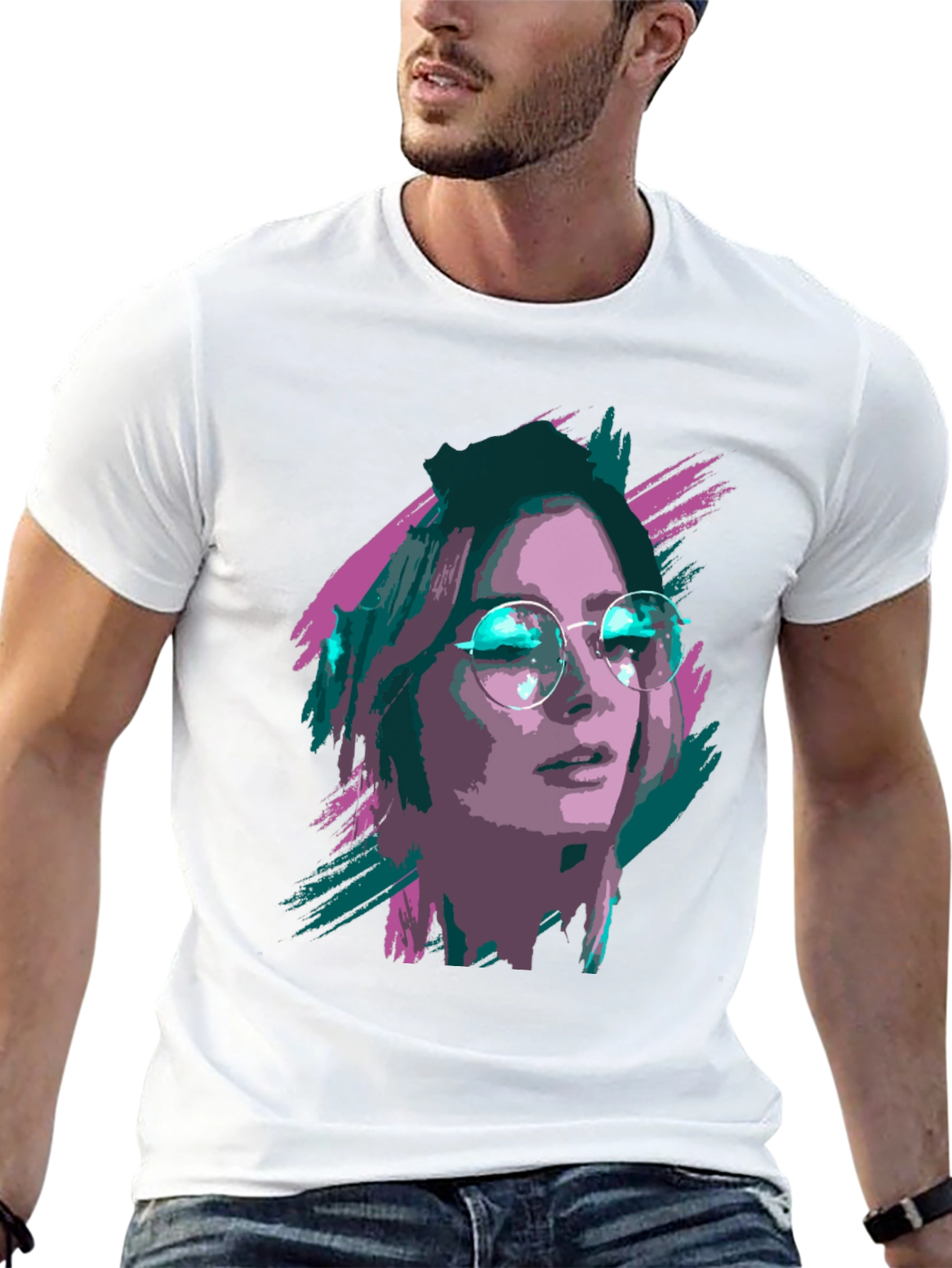 Black Stylish Graphic T-Shirt - Woman with Glasses Print view 13
