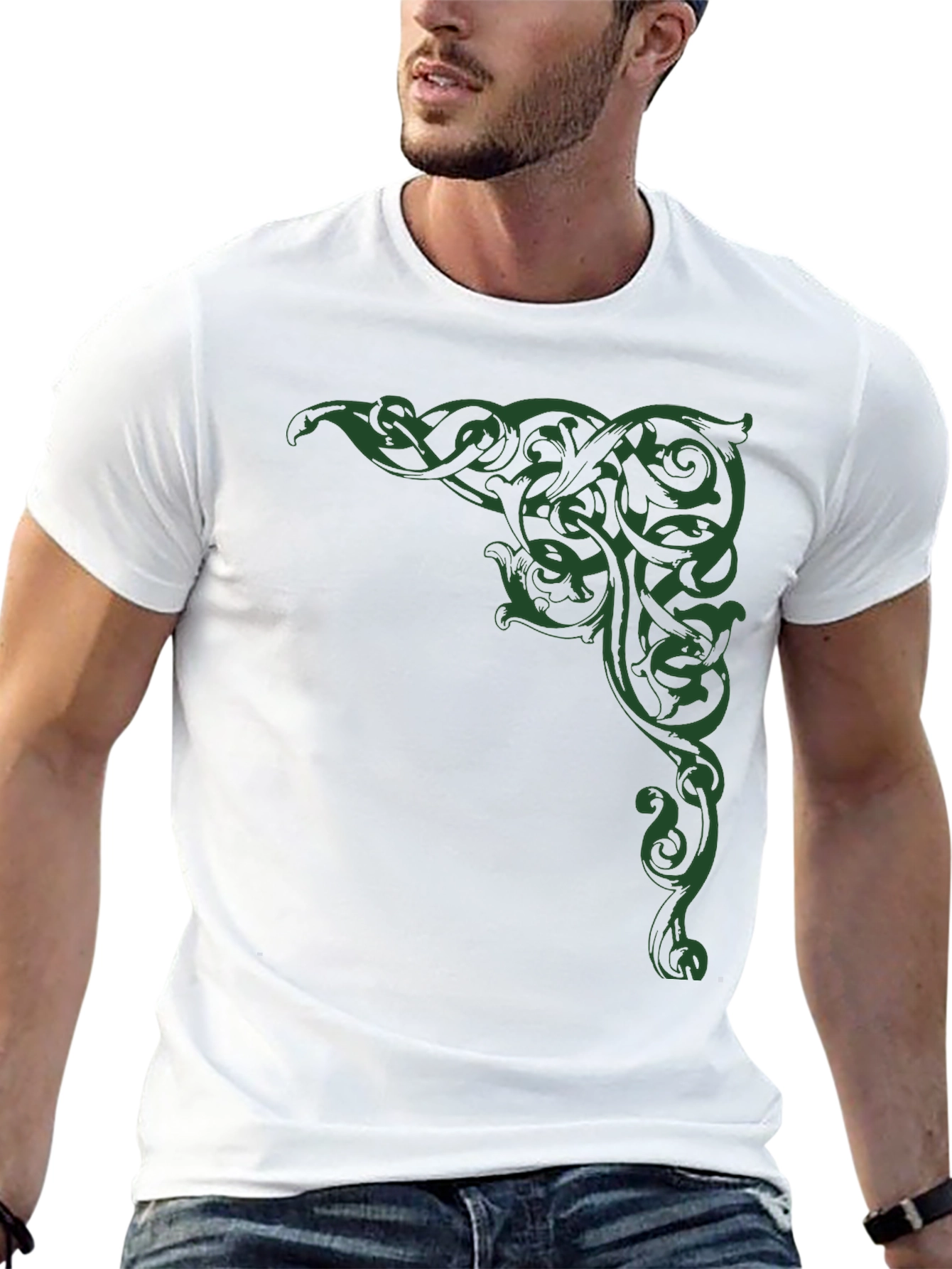 Black Men's Black T-Shirt with Green Celtic Corner Design view 13