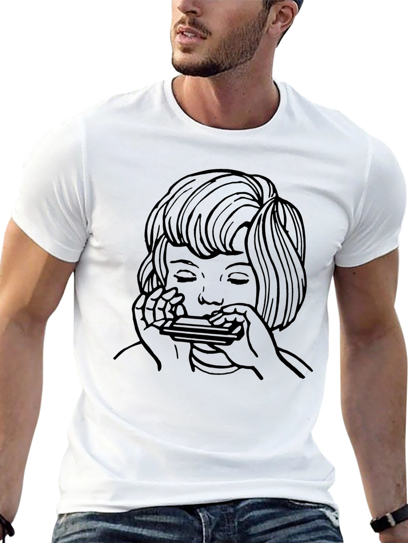 Black Harmonica Player Graphic Tee - Unisex Black T-Shirt view 13