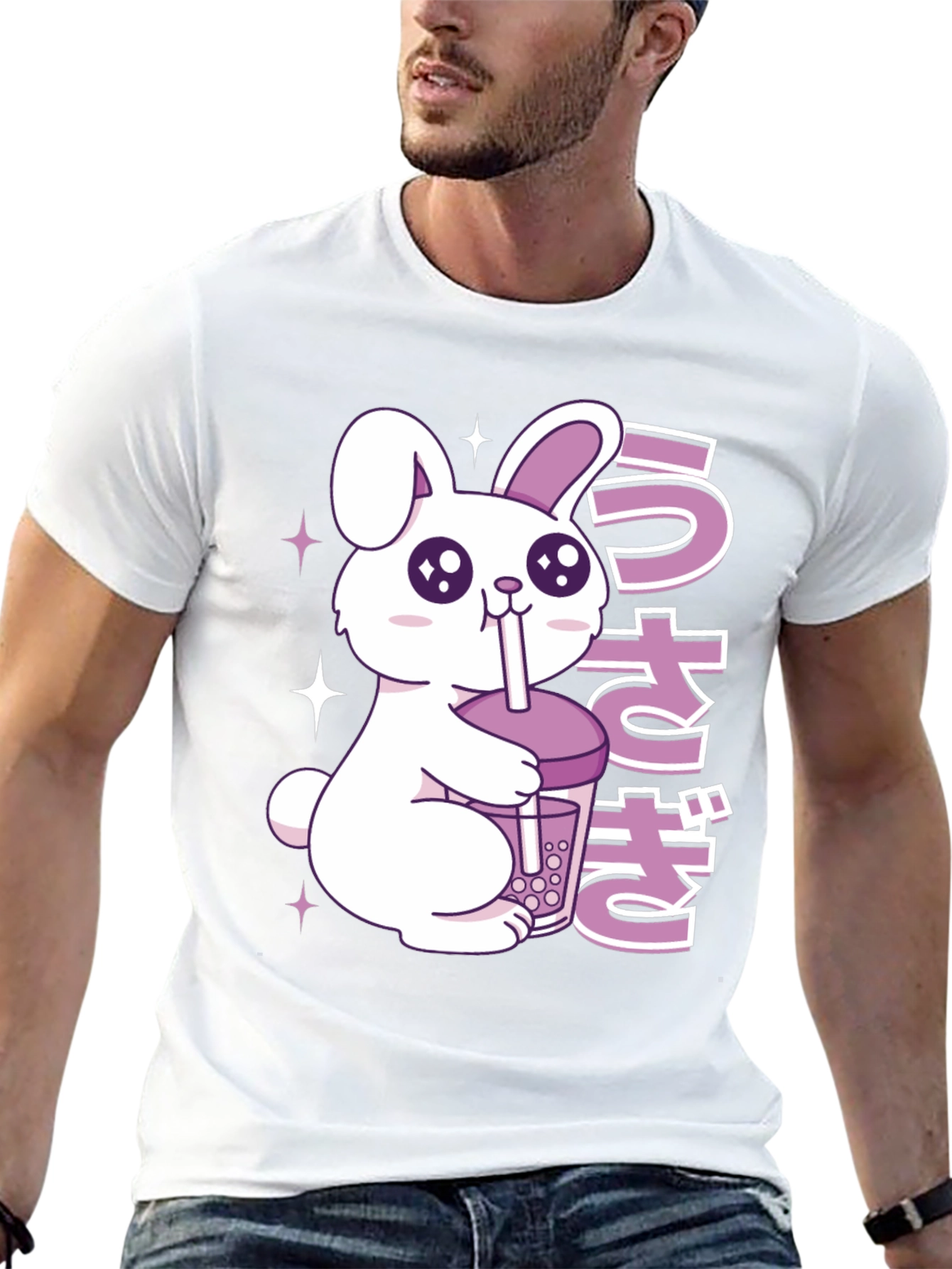 Black Kawaii Rabbit Boba Tea Graphic T-Shirt view 13