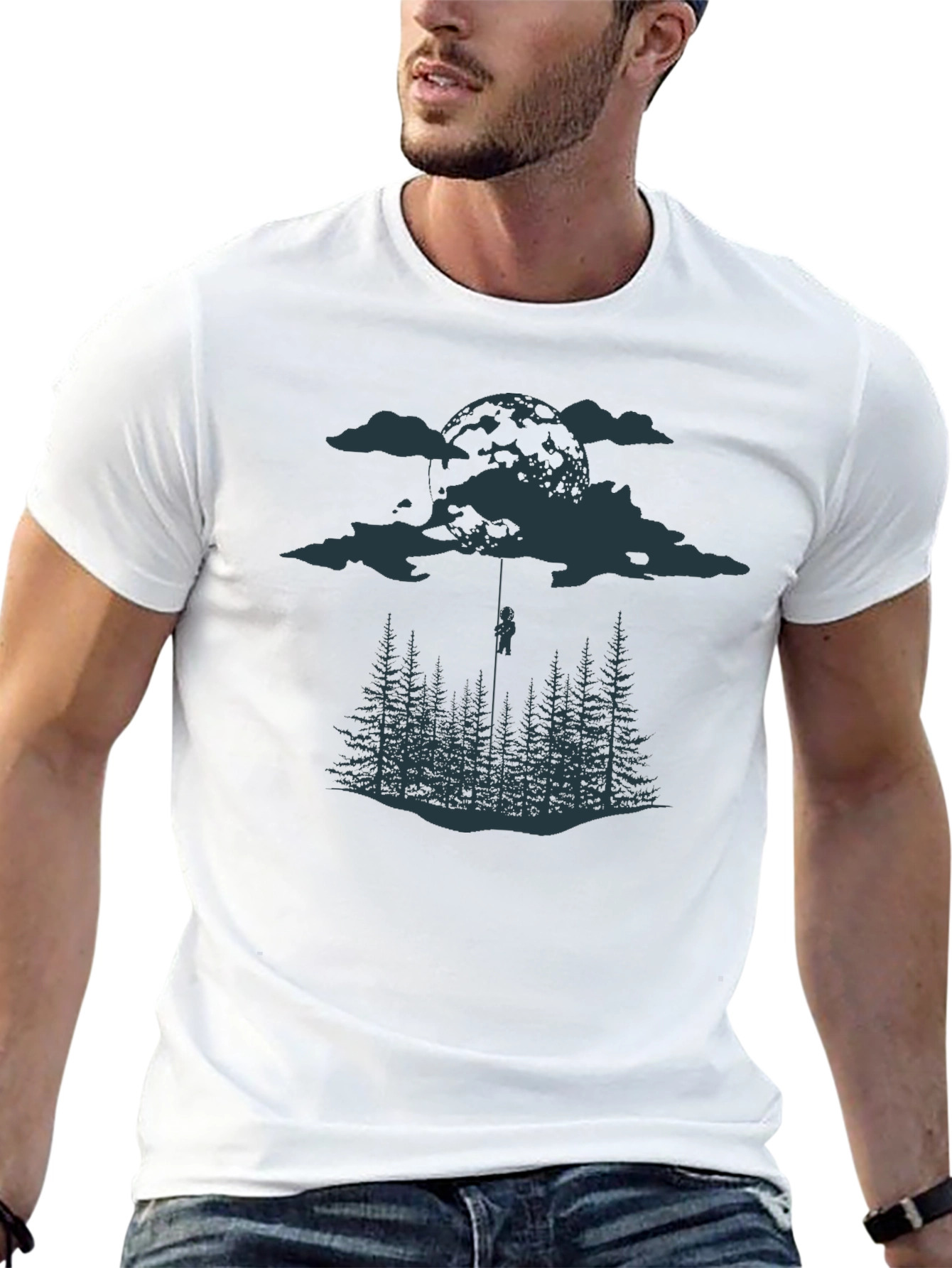 Black Black Tee with Moonlit Forest Design view 13