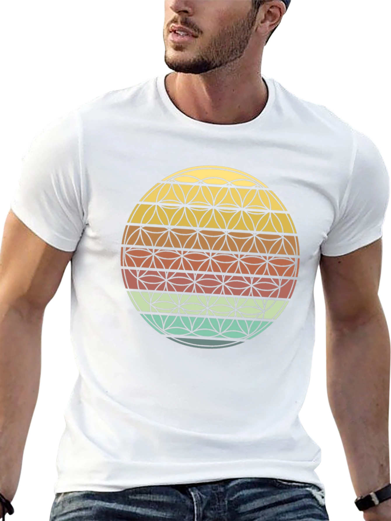 Black Geometric Flower of Life Retro T-Shirt view 13