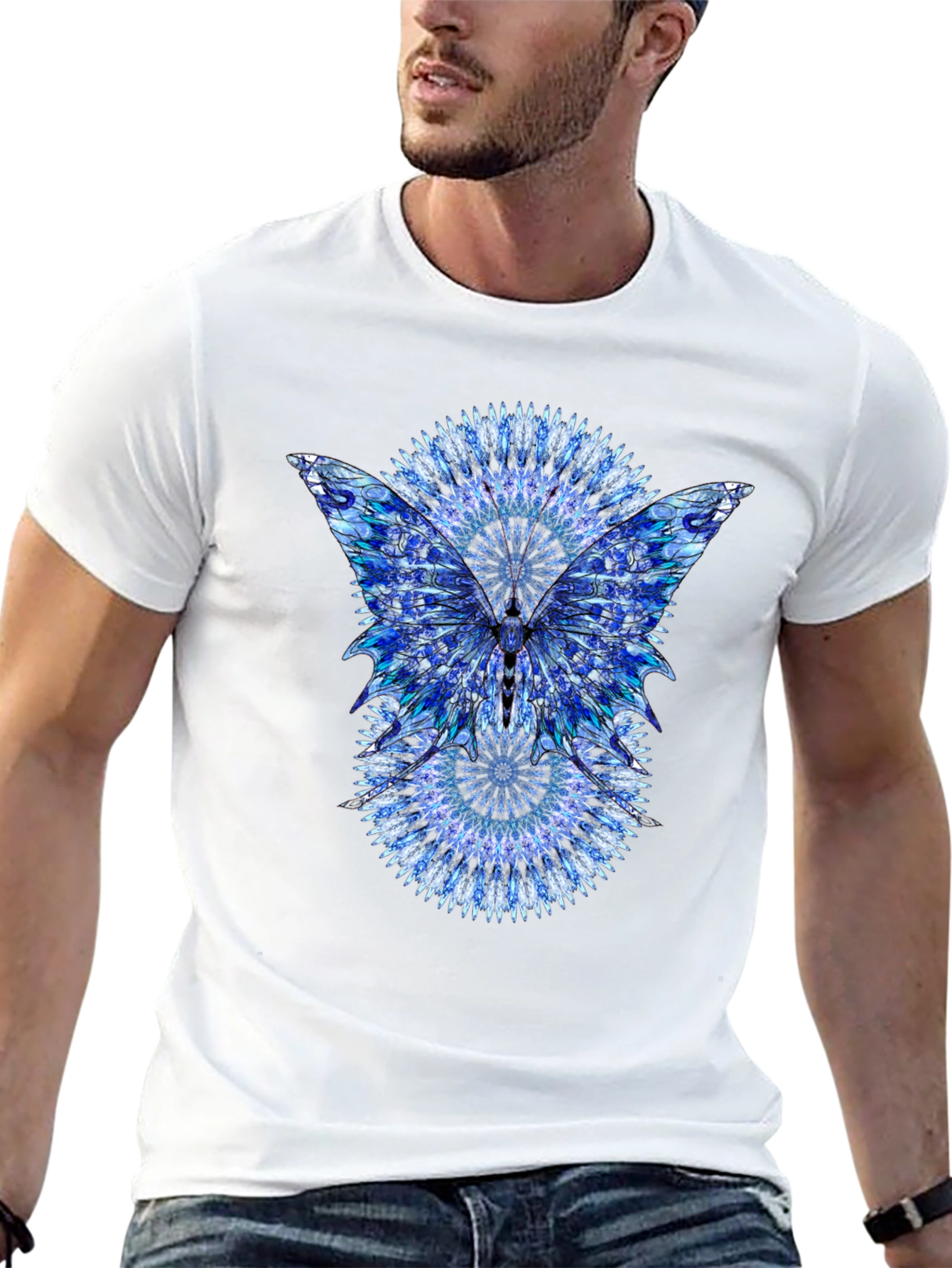 Black Blue Mandala Butterfly Graphic Print Black T-Shirt view 13