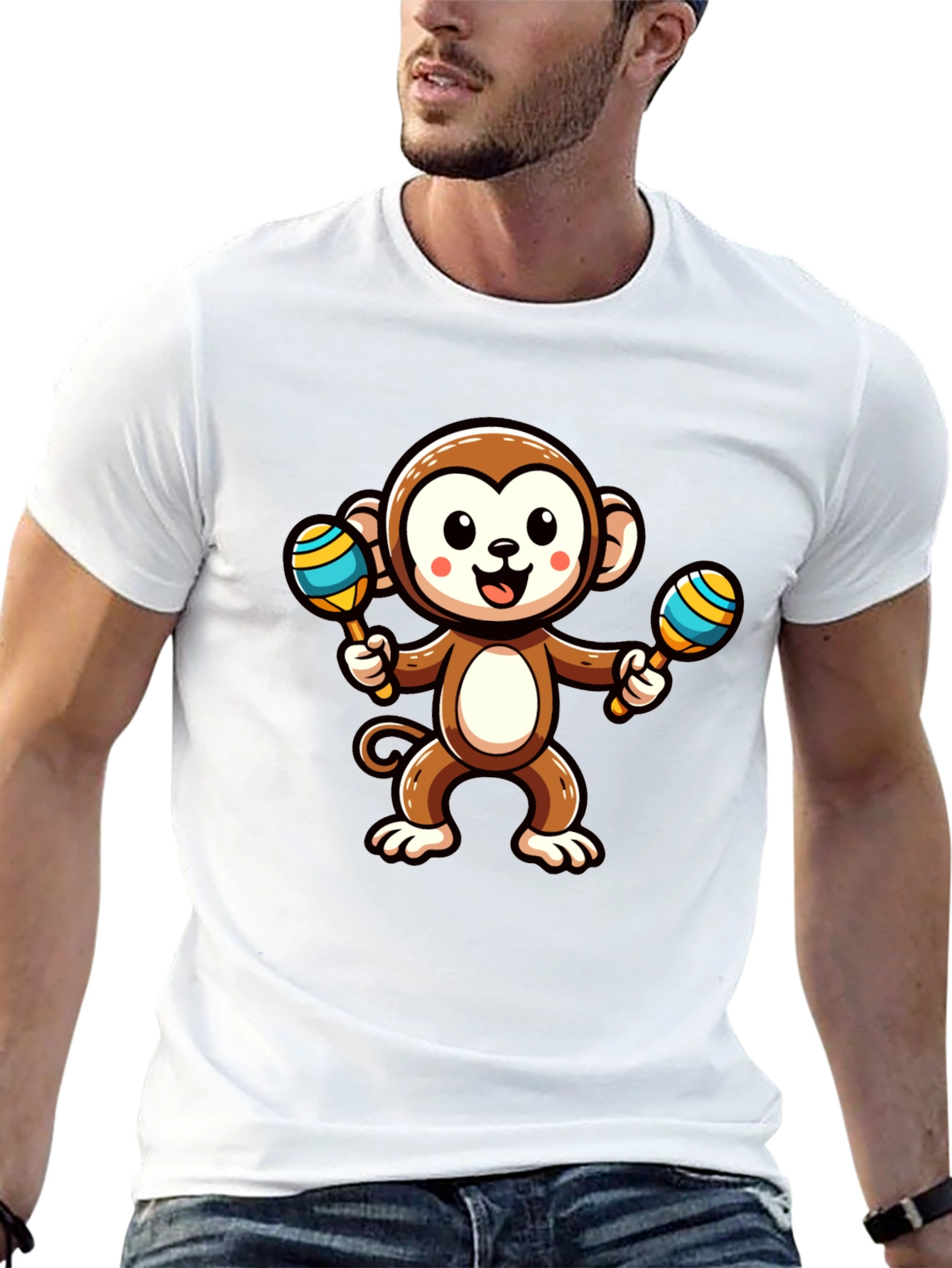 Black Cartoon Monkey with Maracas Graphic Tee view 13