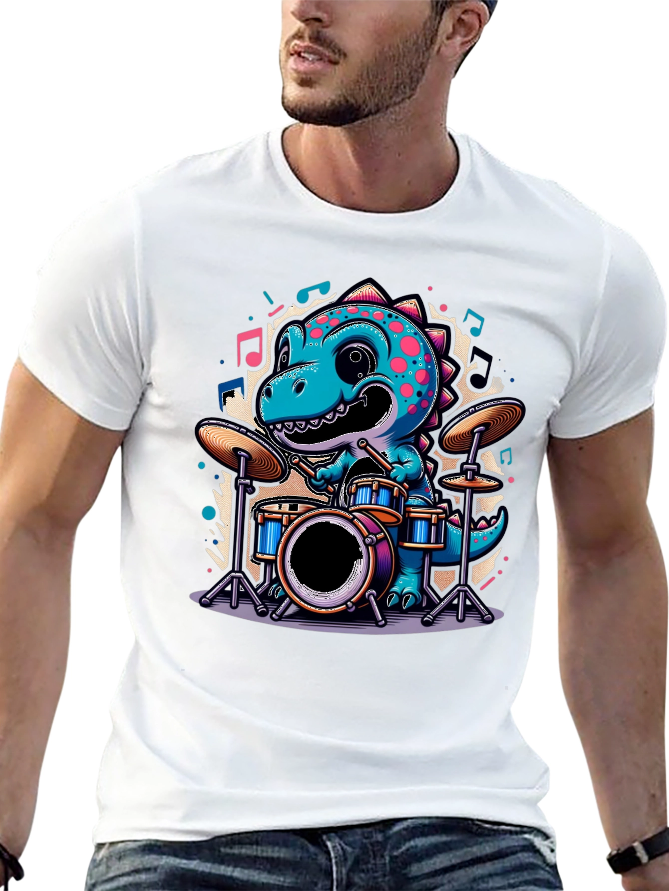 Black Dino Drummer Tee - Cute Cartoon Dinosaur T-Shirt view 13