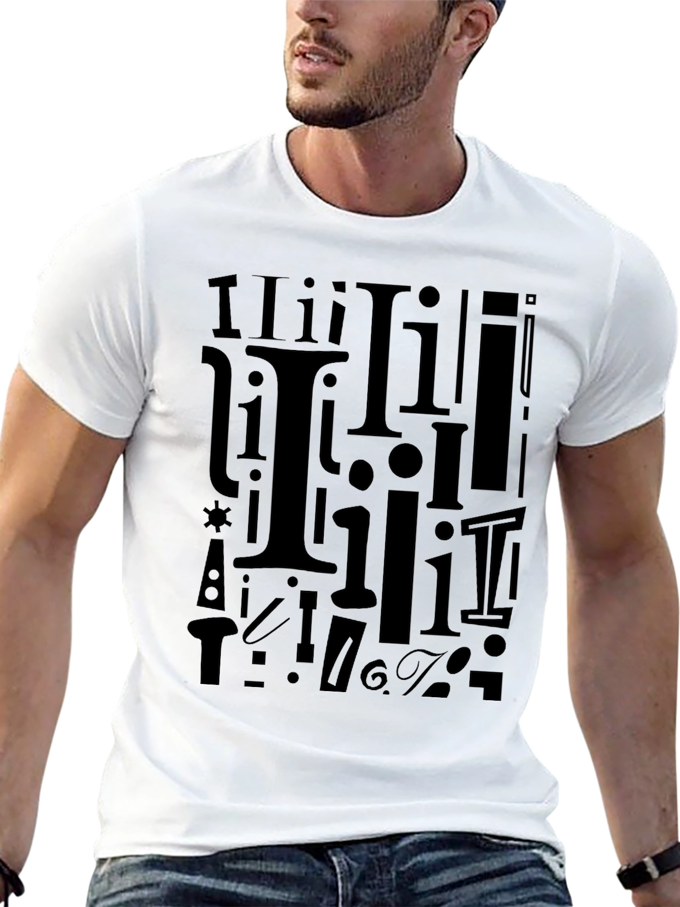 Black I Pattern Black Crew Neck T-Shirt view 13