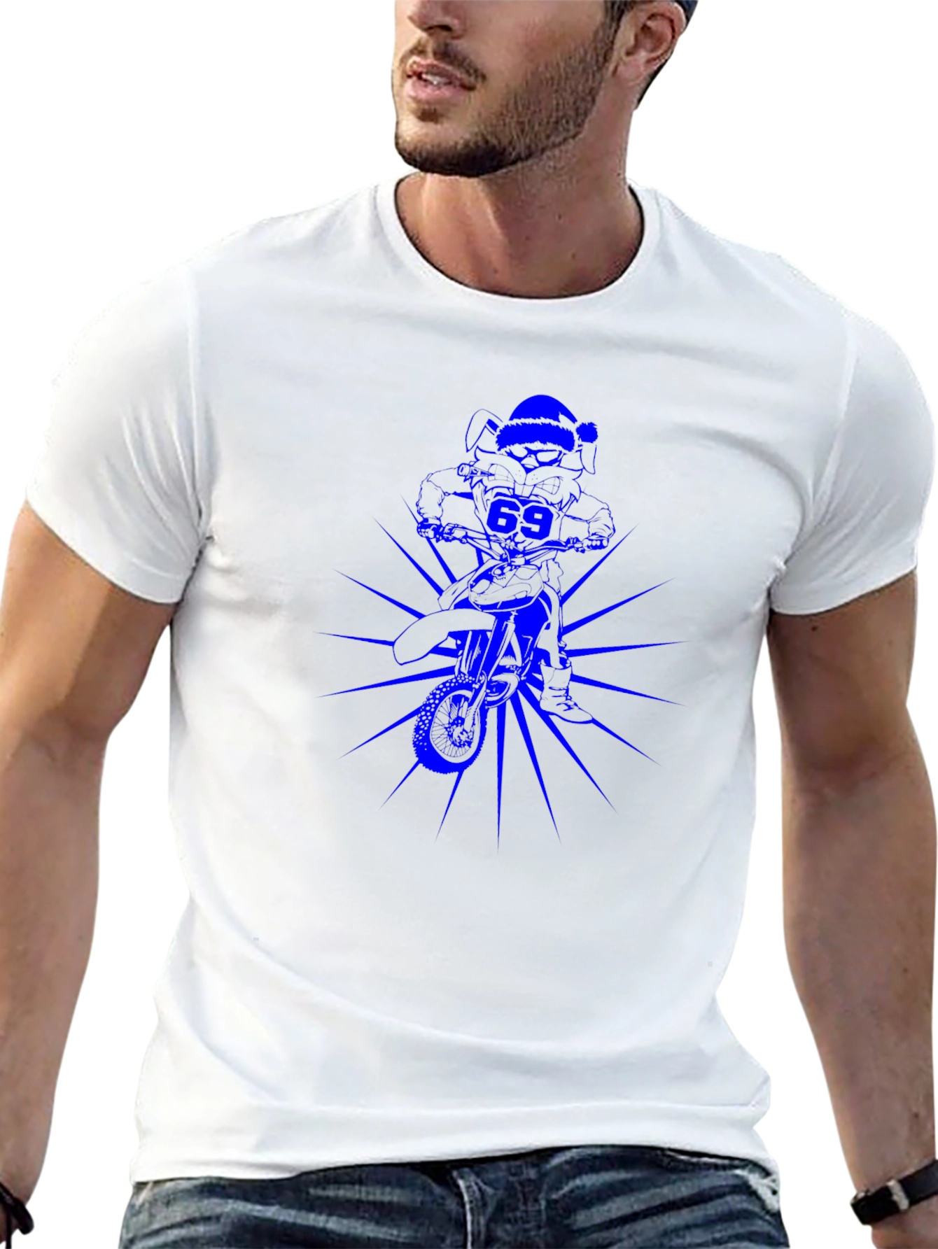 Black Men's Black T-Shirt with Blue Motorcross Rider Graphic view 13