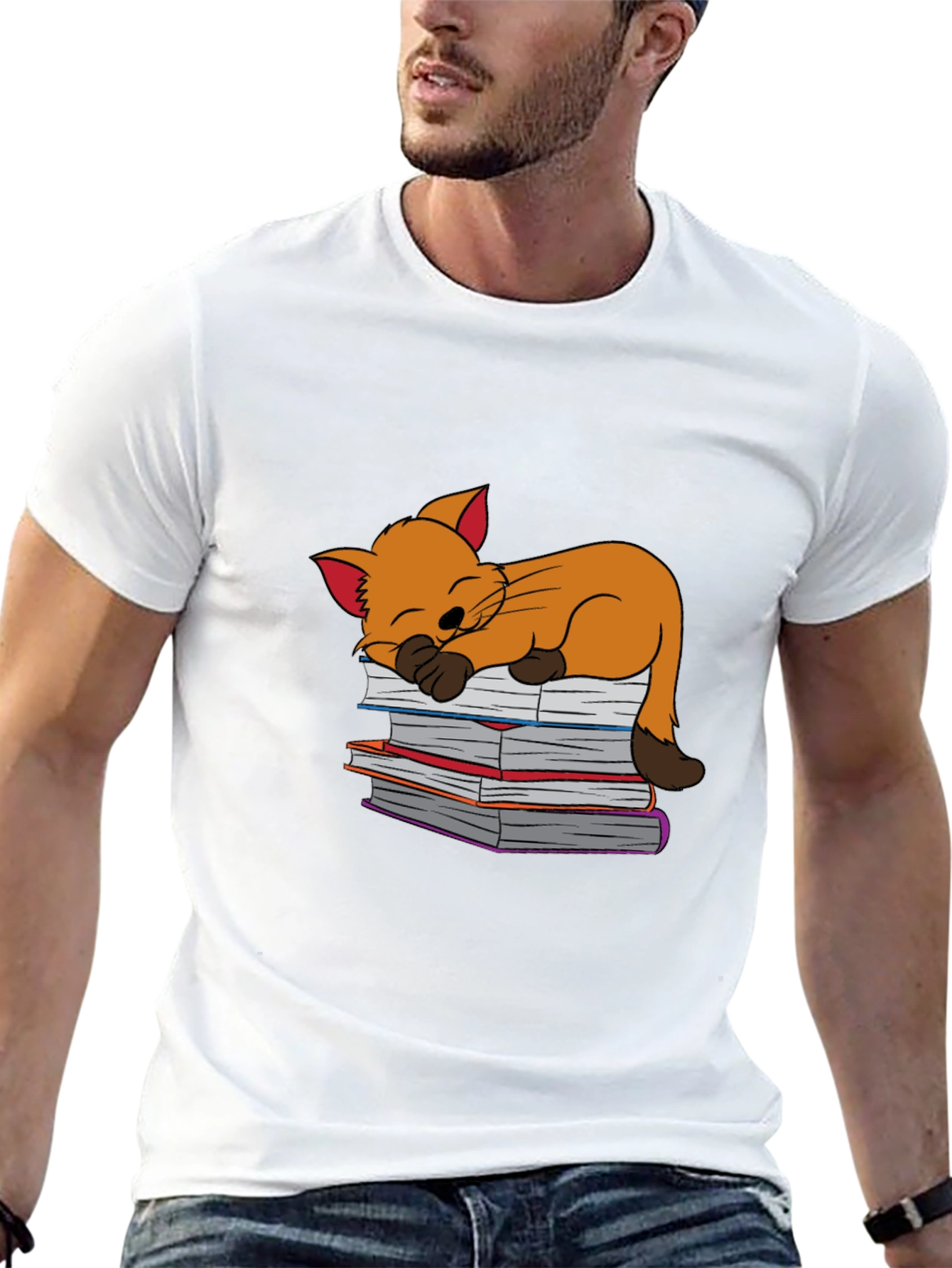 Black Cute Cat Sleeping on Books T-Shirt - Black view 13