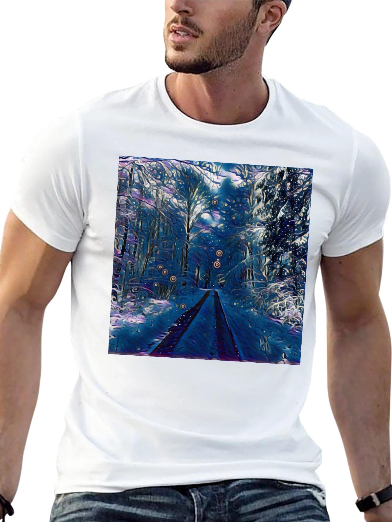 Black Winter Forest Art Graphic Tee - Black Cotton Blend view 13